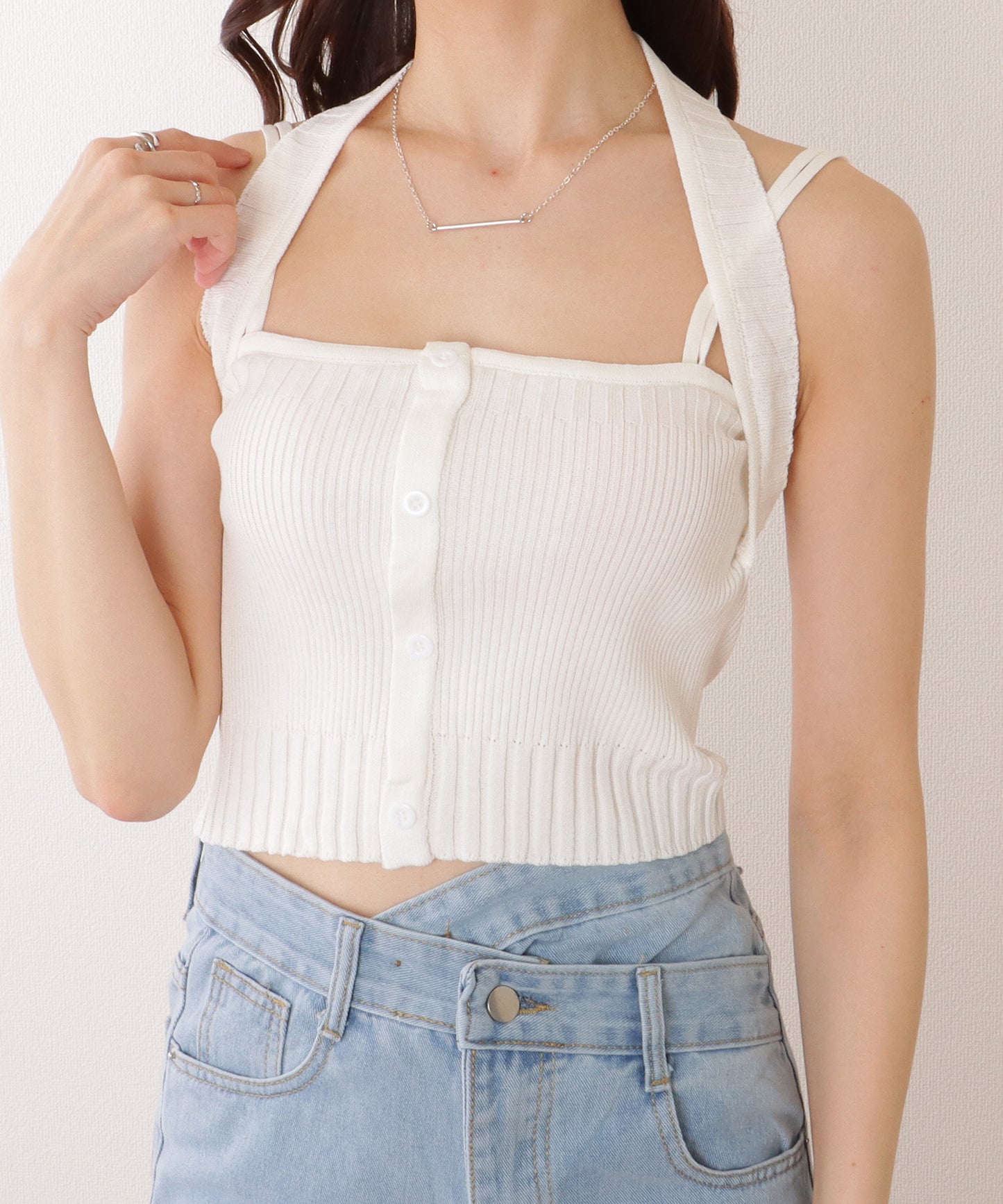 フロント ボタン コンパクト リブ ニット トップス