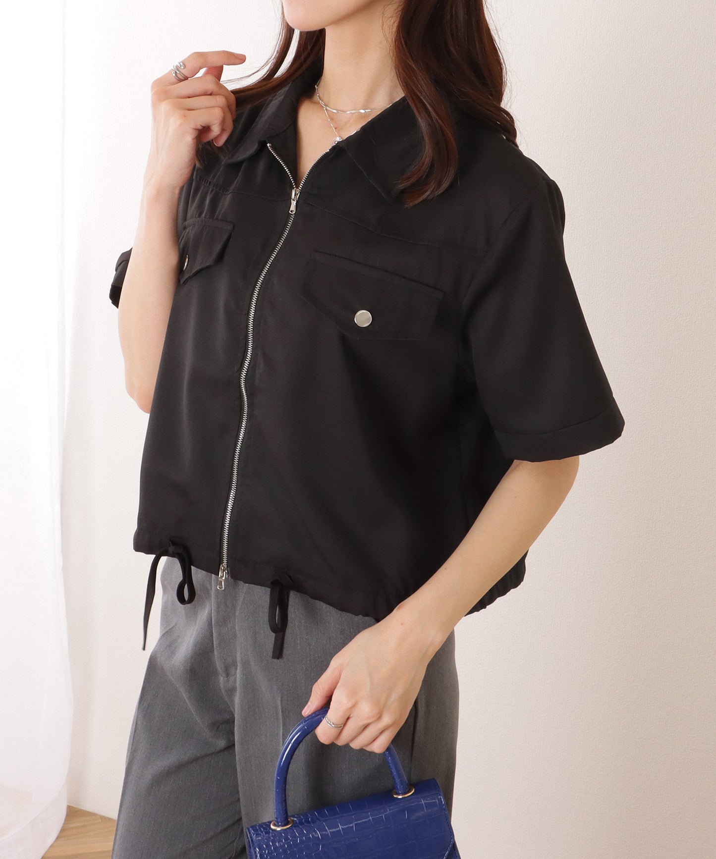 ダブルジップ コンパクト 半袖 バルーン シャツ