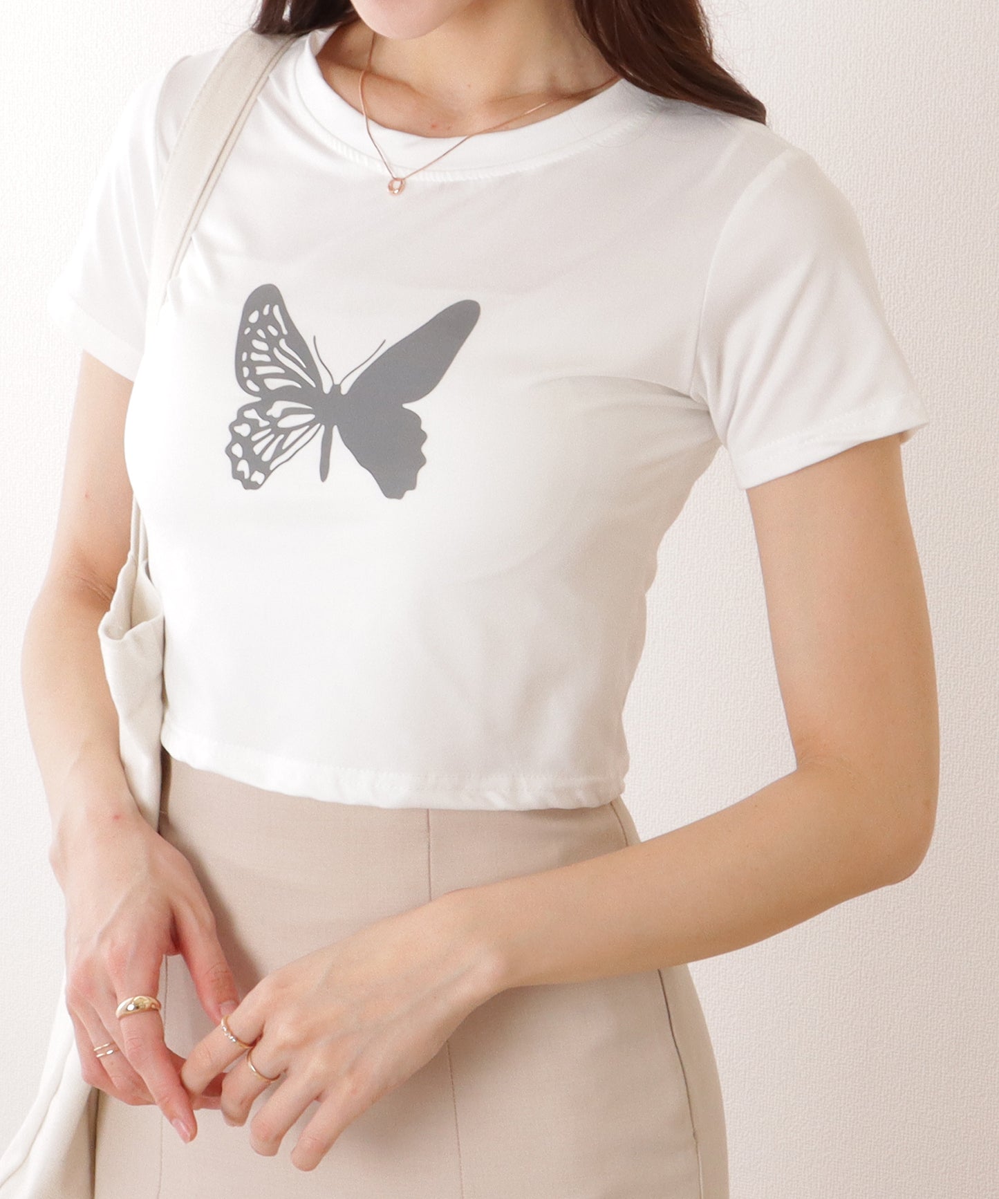 リフレクタープリント バタフライ 半袖 クロップド トップス