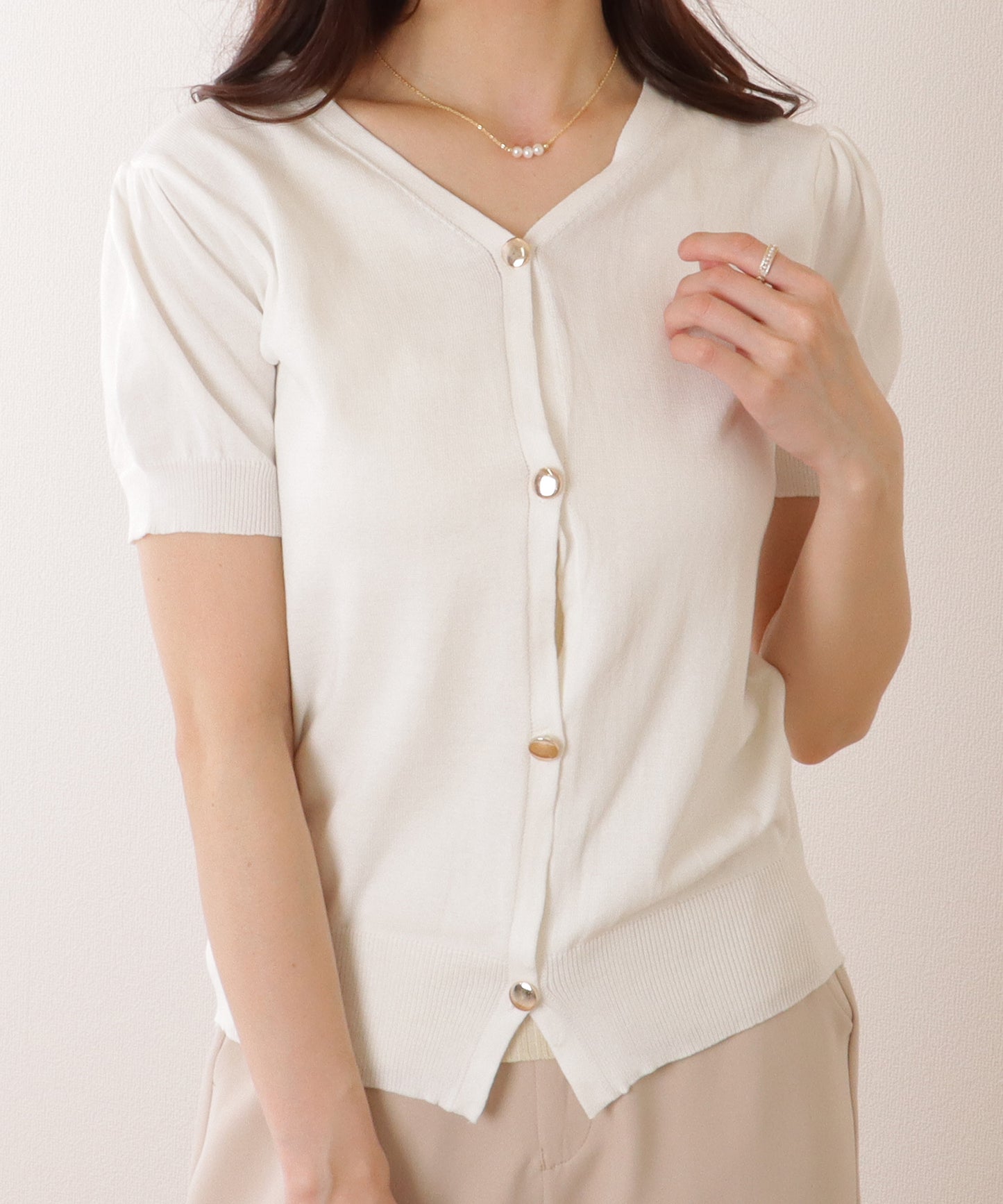 Vネック 半袖 ニット コンパクト カーディガン