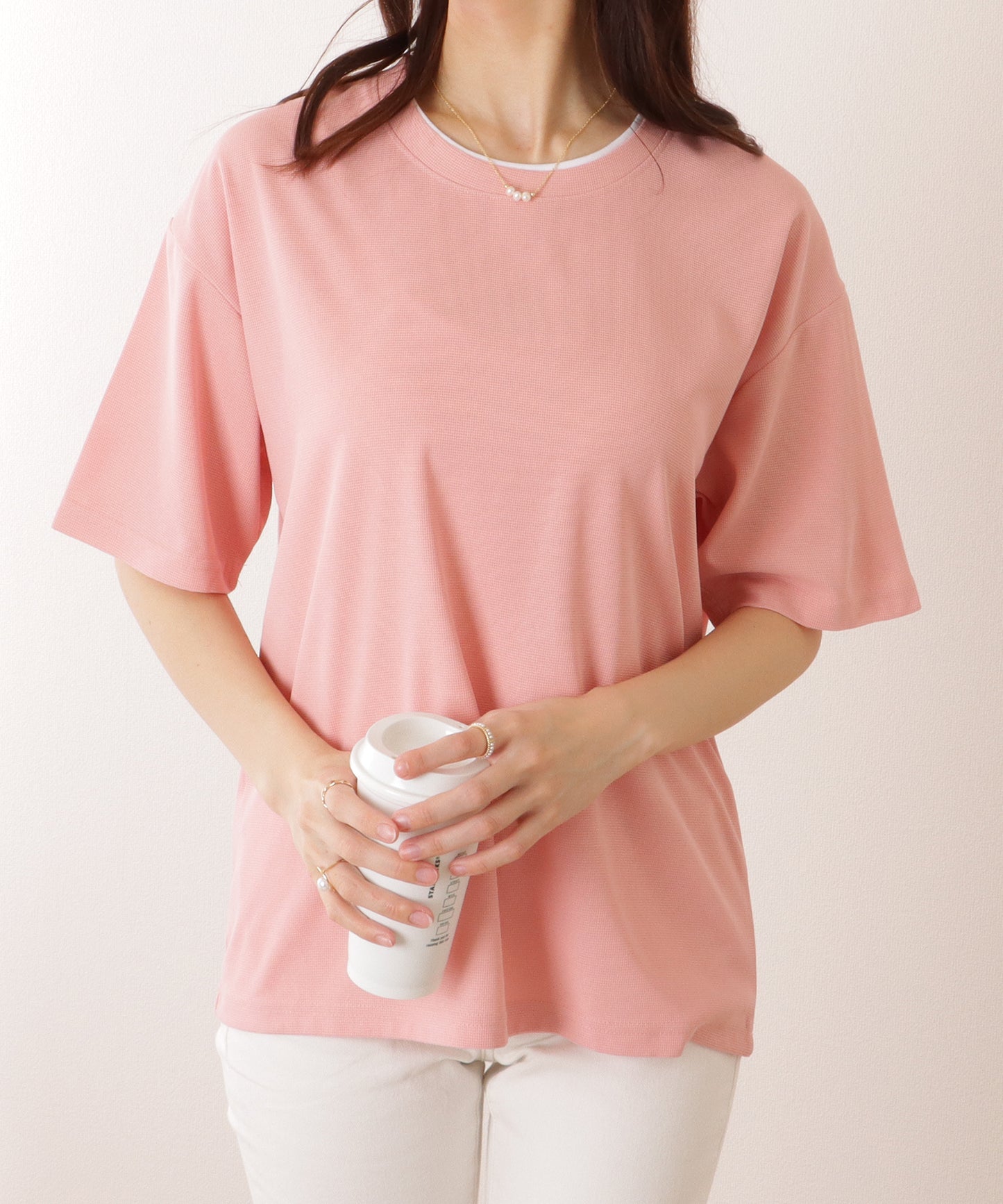 フェイクレイヤード 配色 クルーネック 半袖 プルオーバー