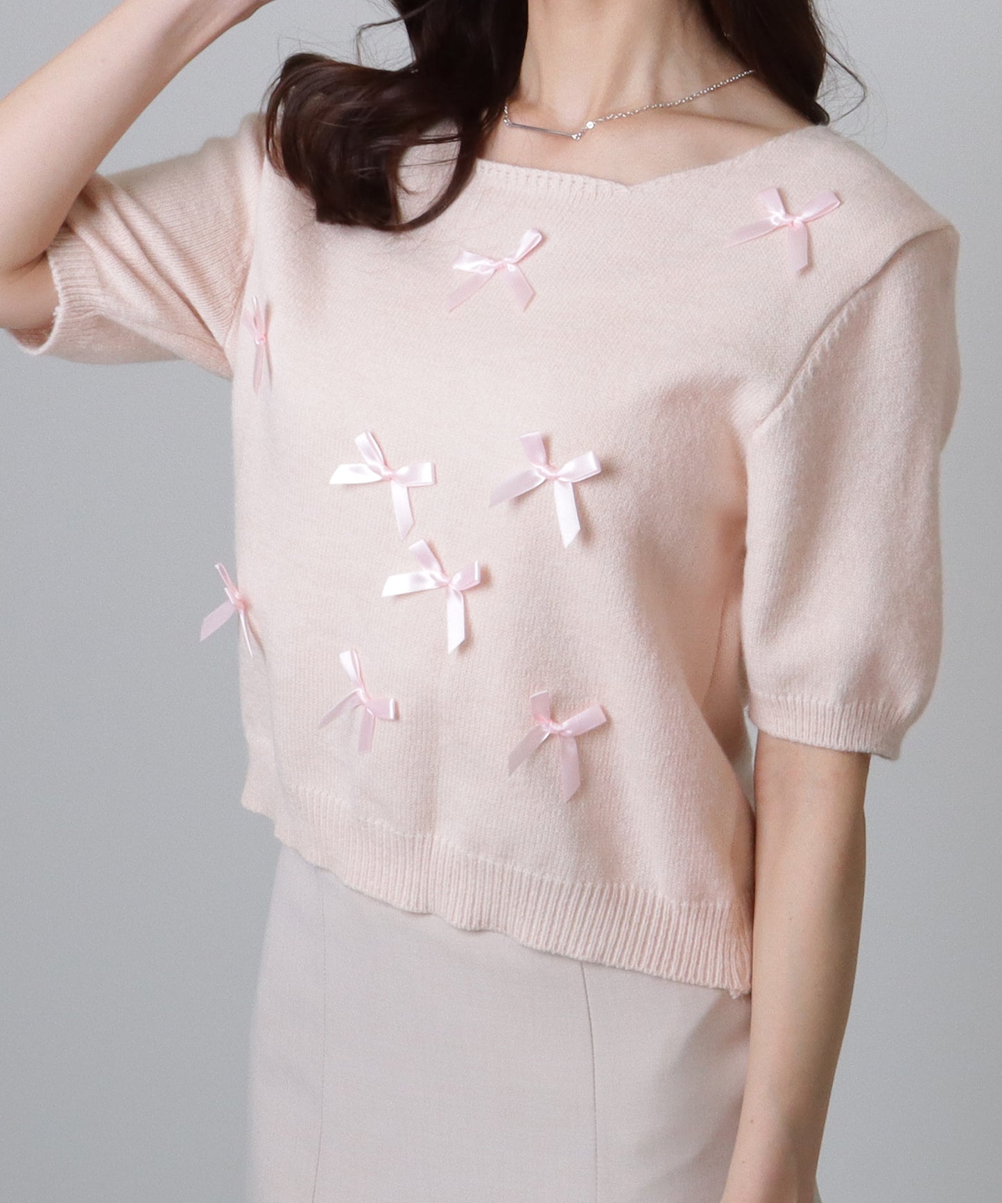 メニーリボン コンパクト 半袖 ニット プルオーバー