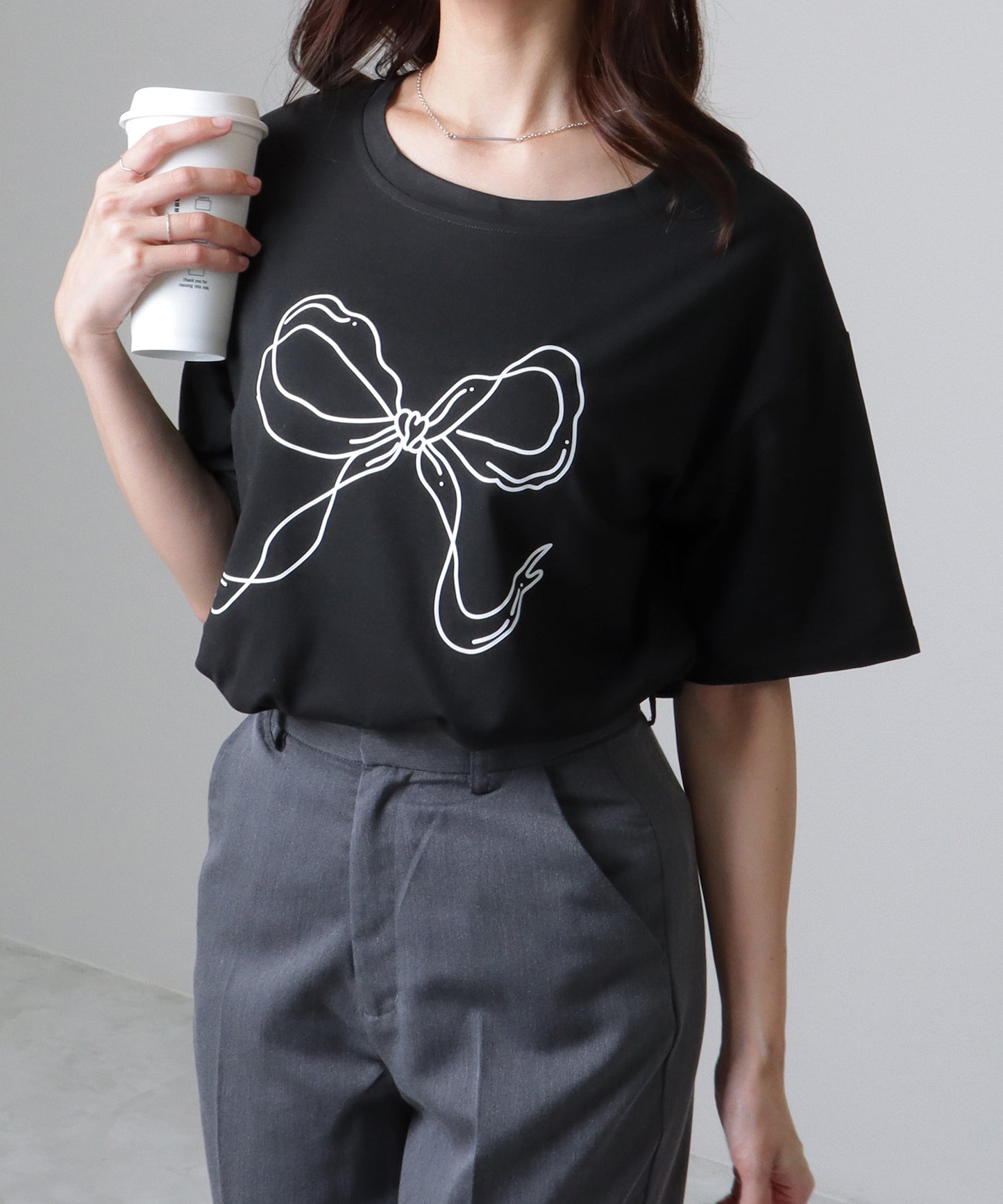 ソリッドカラー 半袖 リボン プリント Tシャツ