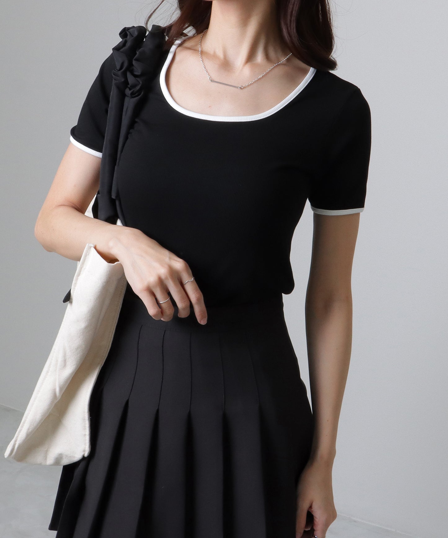配色ライン スクエアネック ソリッド 半袖 Tシャツ