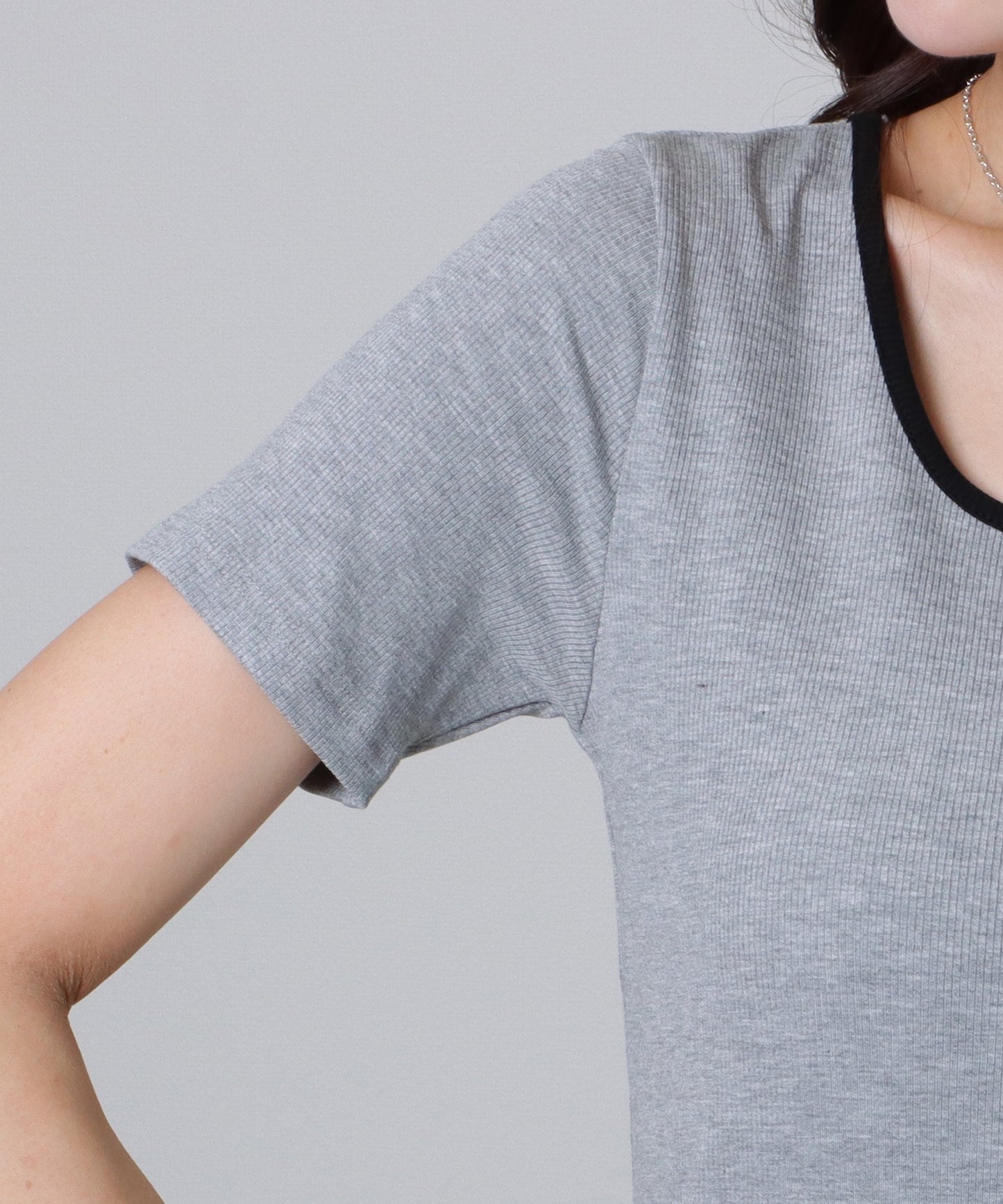 配色ライン スクエアネック ソリッド 半袖 Tシャツ