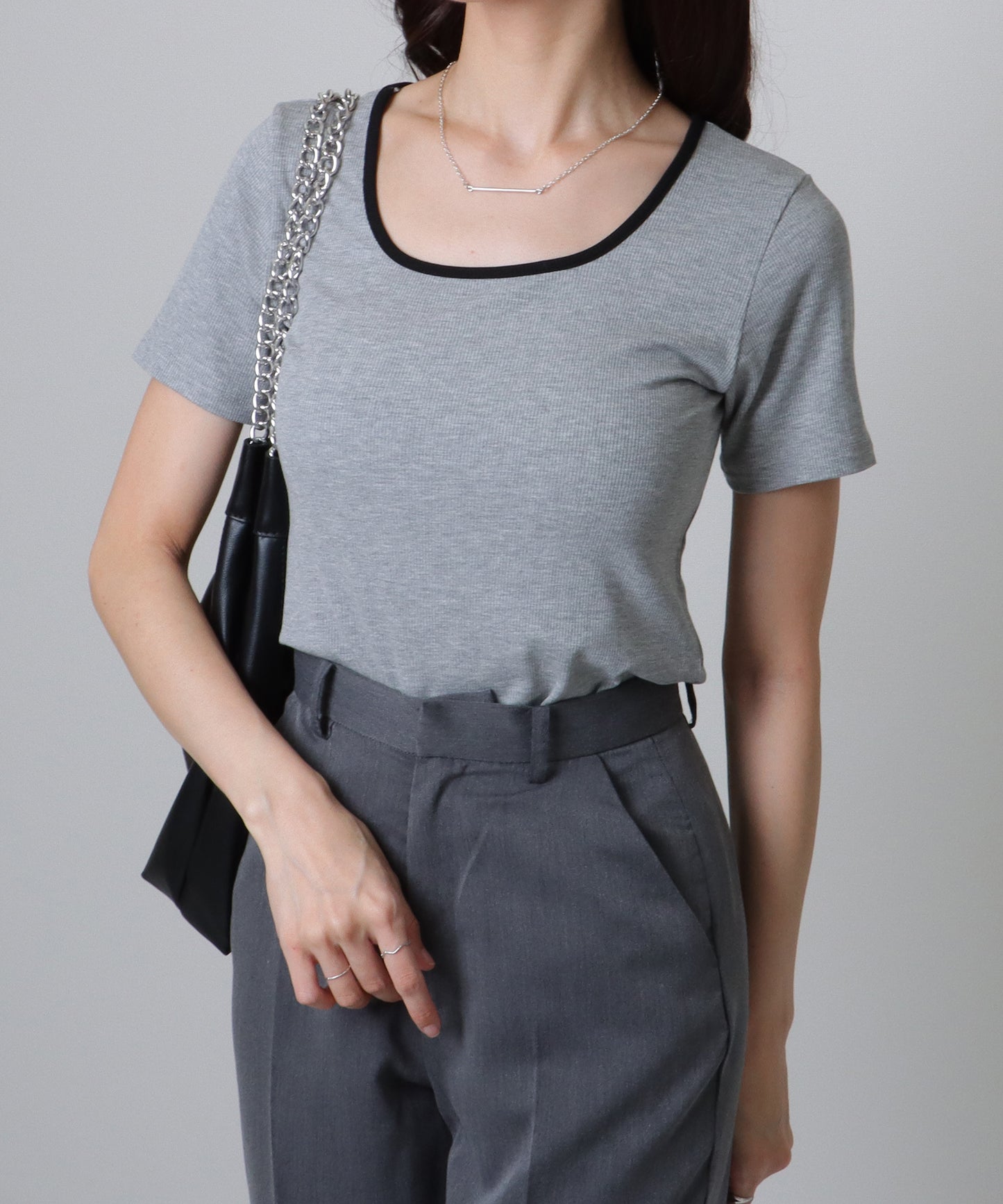 配色ライン スクエアネック ソリッド 半袖 Tシャツ