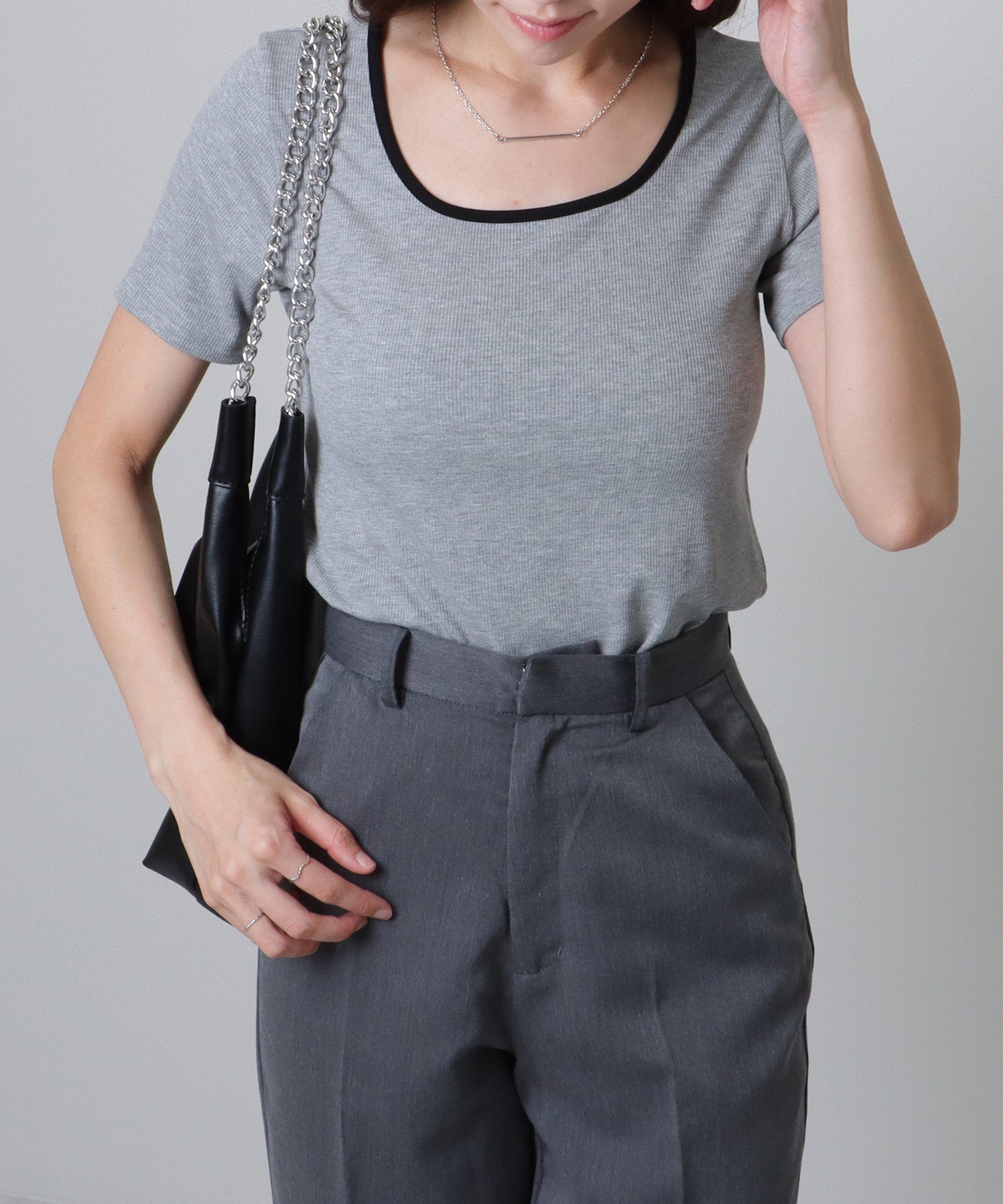 配色ライン スクエアネック ソリッド 半袖 Tシャツ
