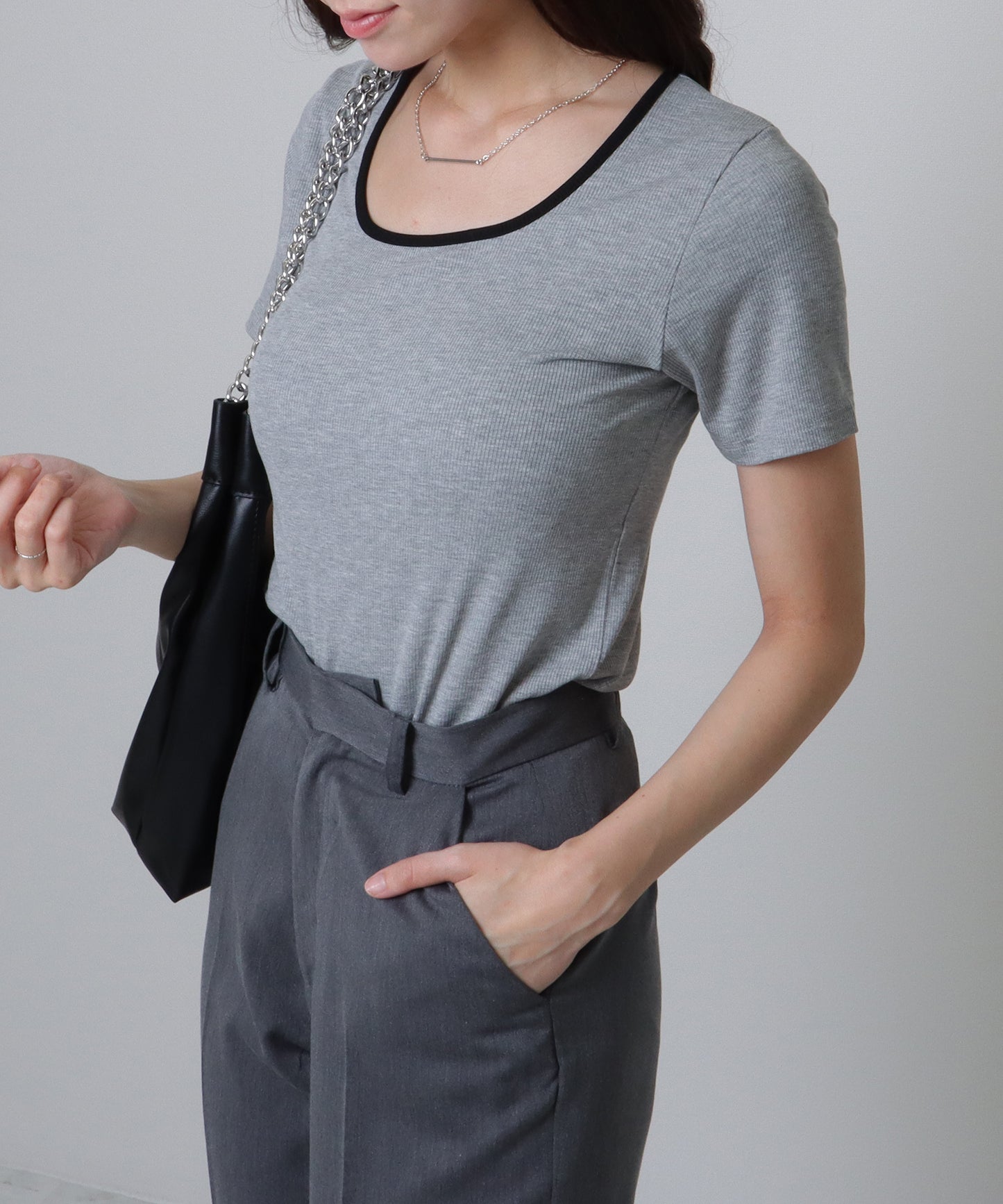配色ライン スクエアネック ソリッド 半袖 Tシャツ