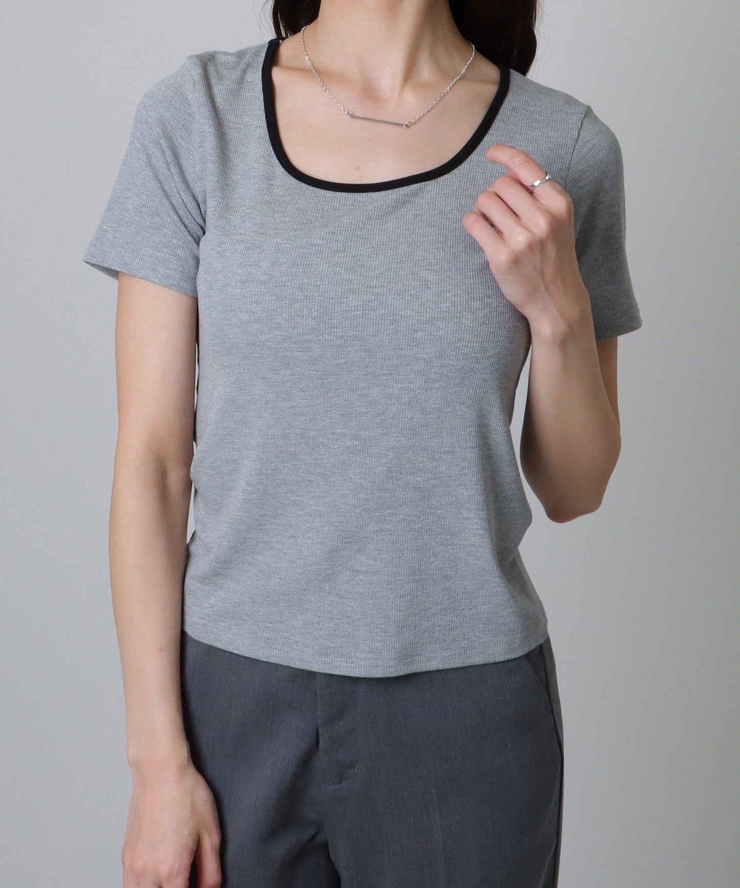 配色ライン スクエアネック ソリッド 半袖 Tシャツ