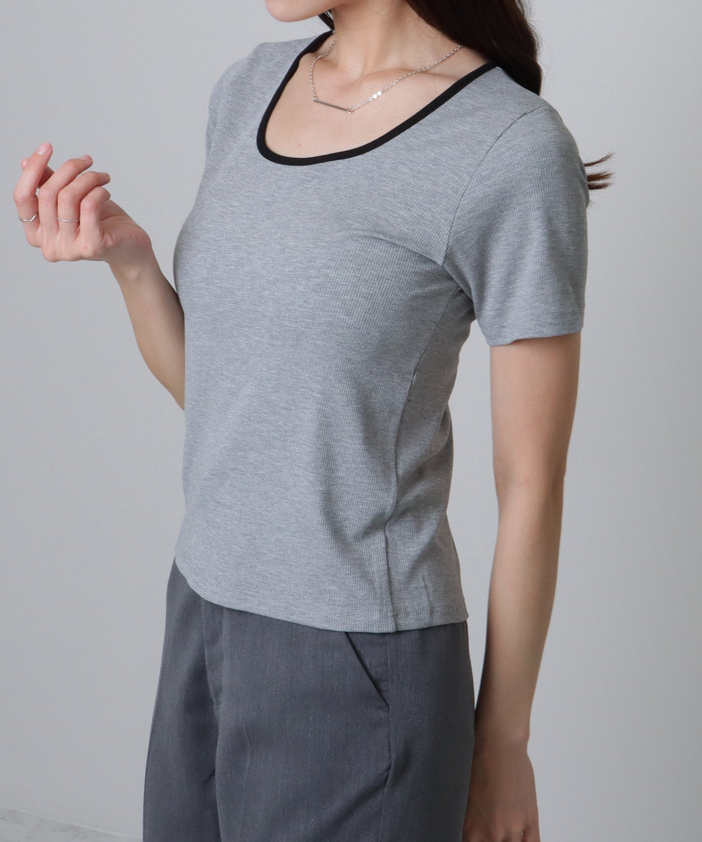 配色ライン スクエアネック ソリッド 半袖 Tシャツ