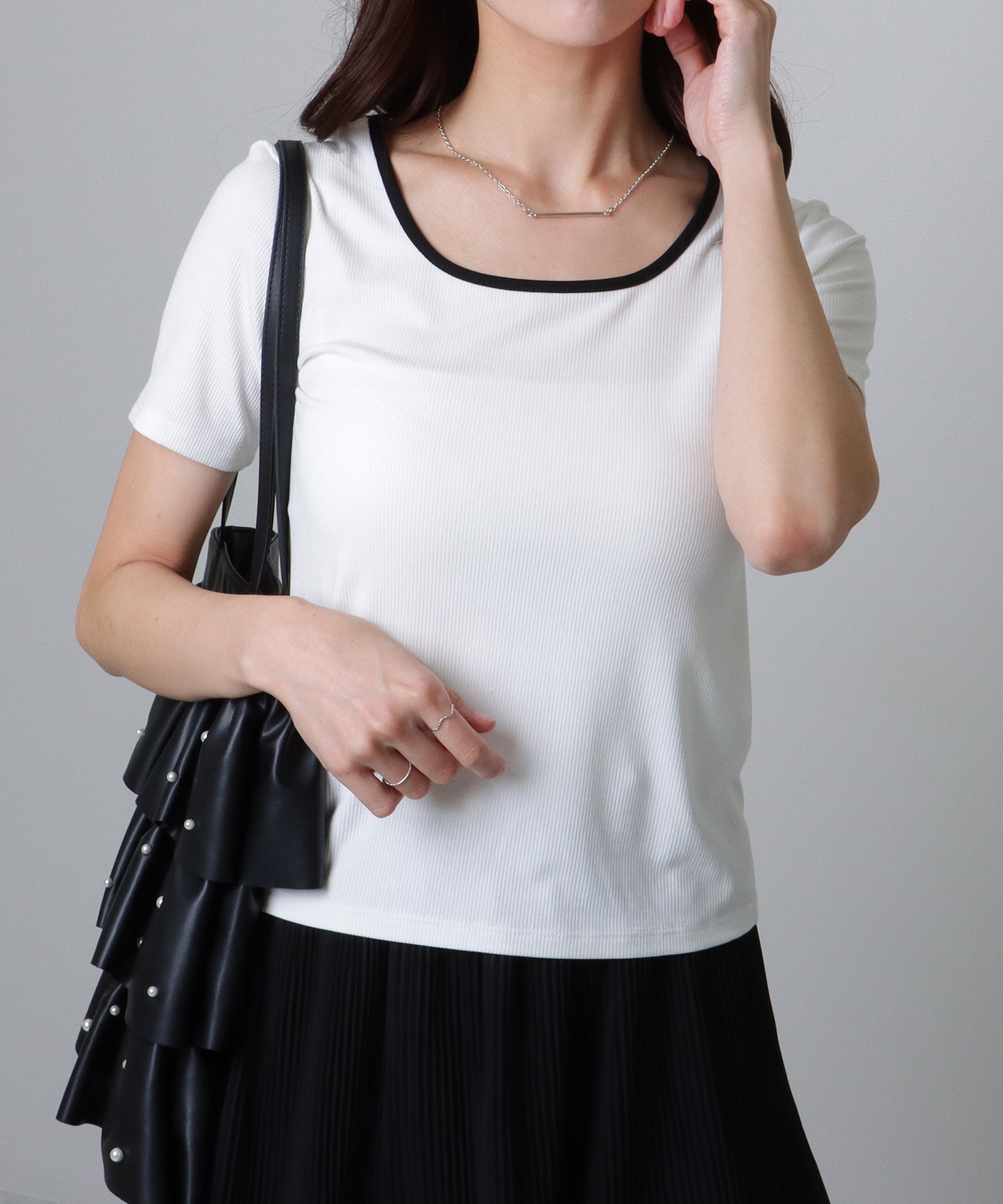 配色ライン スクエアネック ソリッド 半袖 Tシャツ