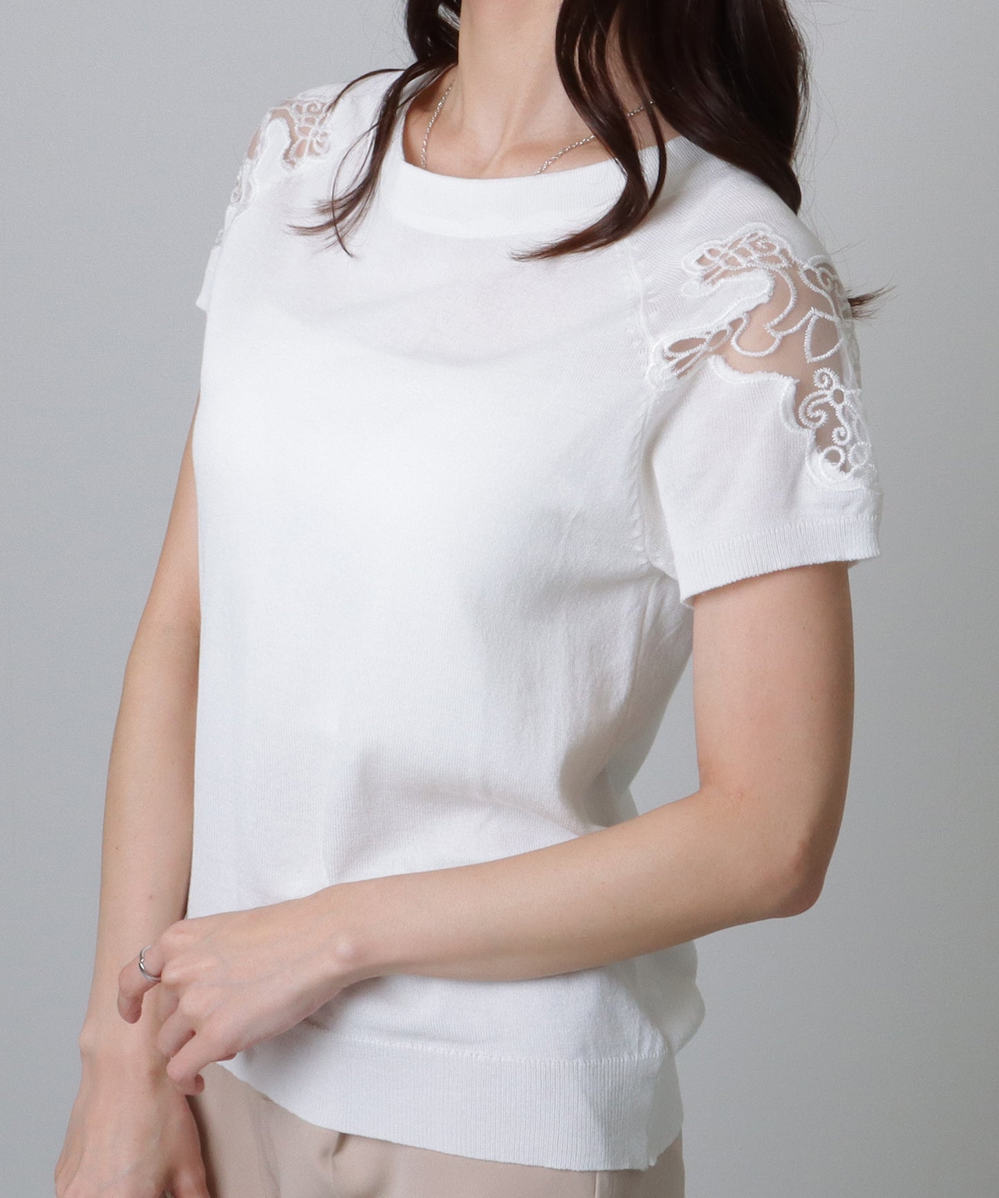ショルダー レース 半袖 ニット トップス