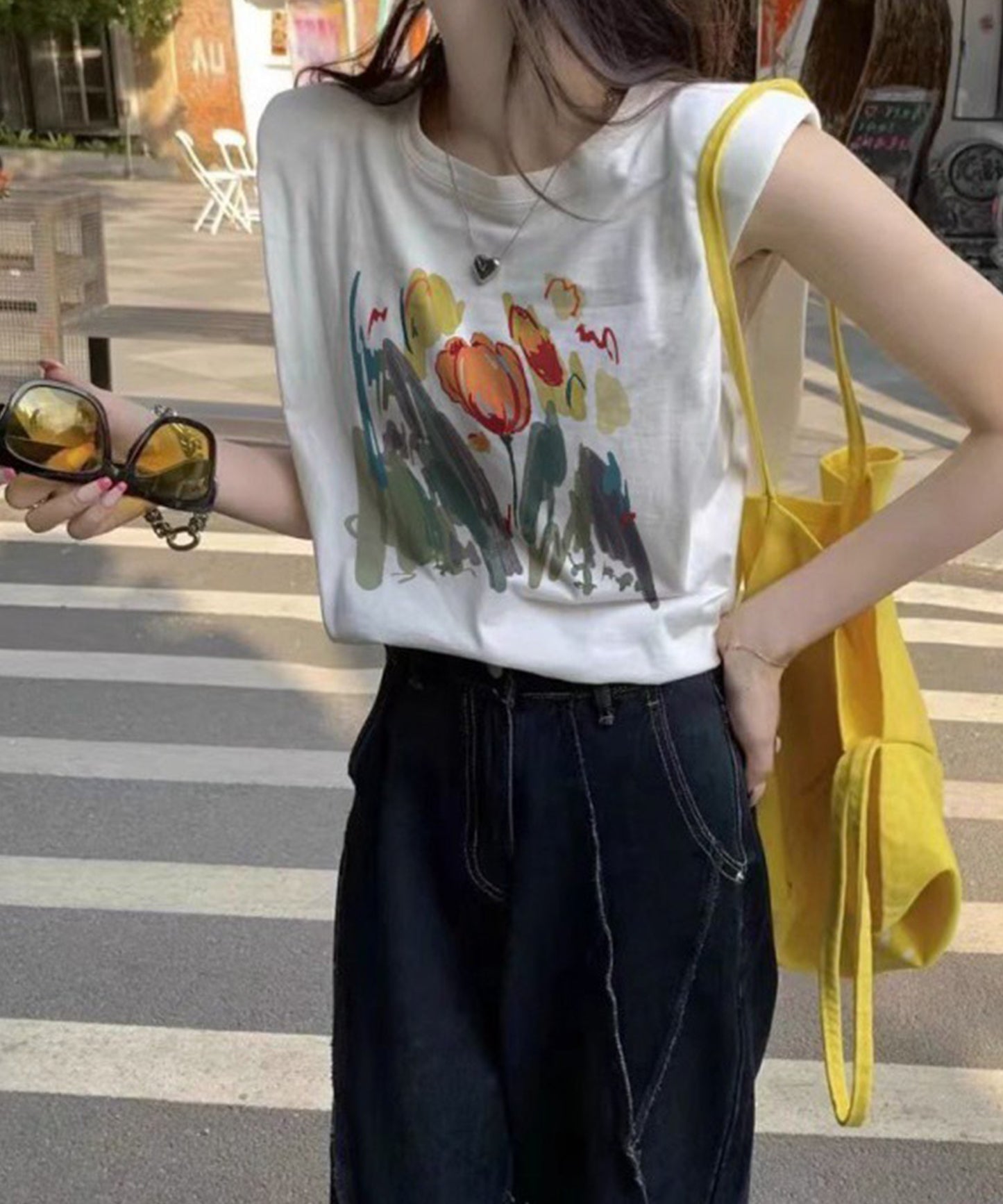 フラワー プリント ノースリーブ コットン Tシャツ