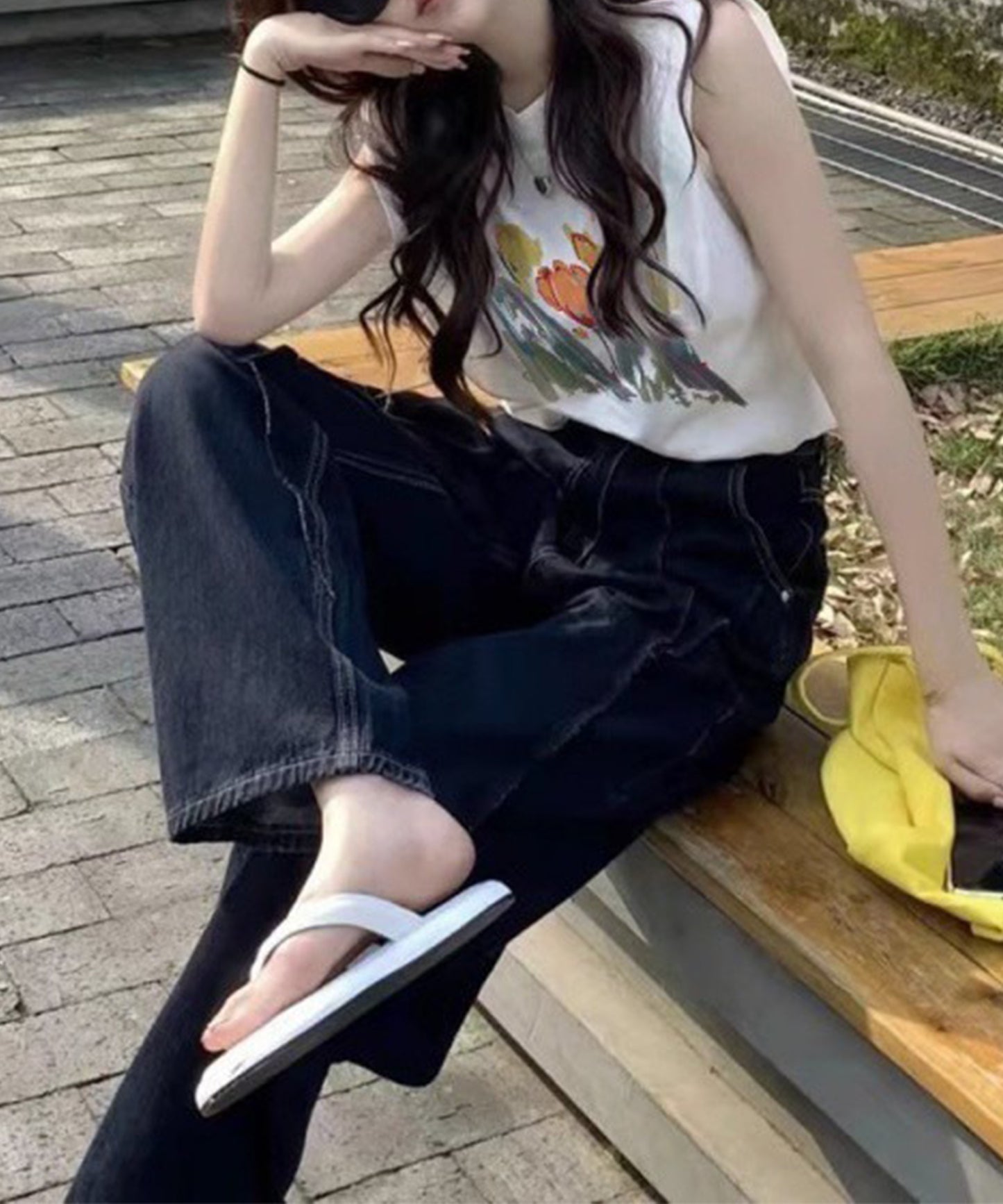 フラワー プリント ノースリーブ コットン Tシャツ