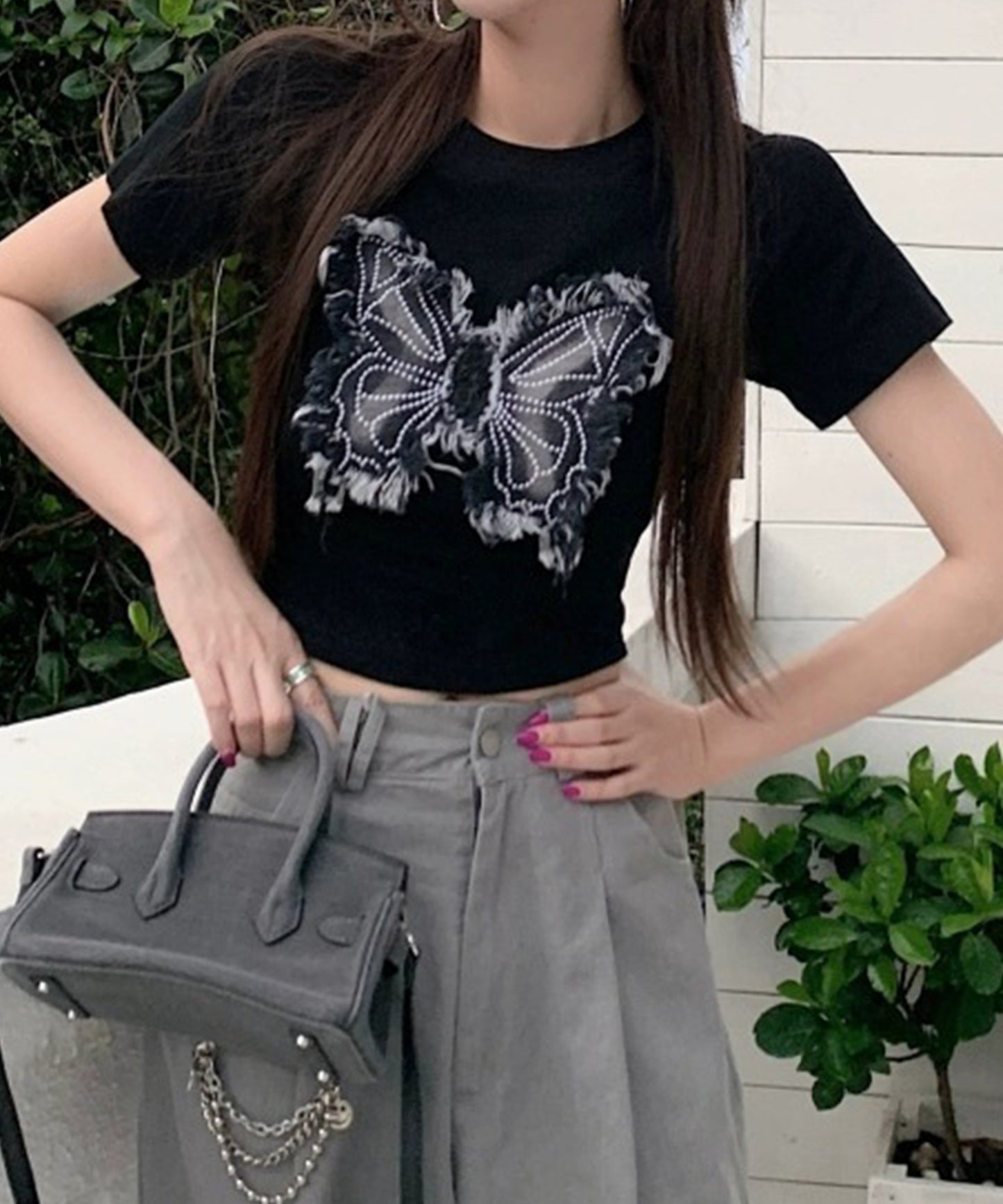 バタフライ クロップド丈 クルーネック 半袖 Tシャツ