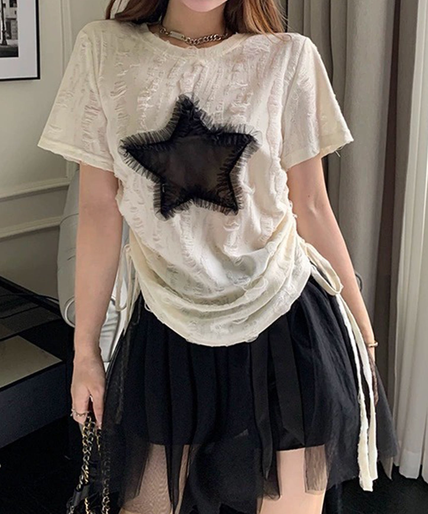 スター モチーフ ダメージ サイドシャーリング Tシャツ