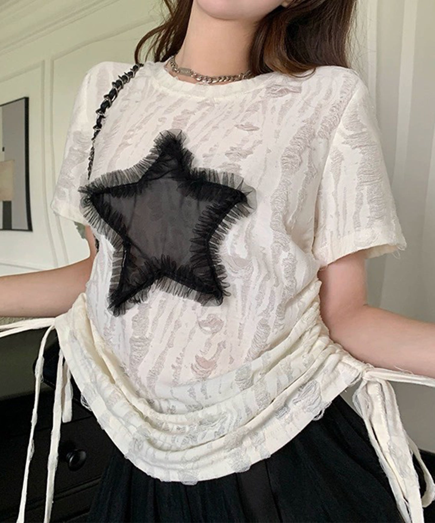 スター モチーフ ダメージ サイドシャーリング Tシャツ
