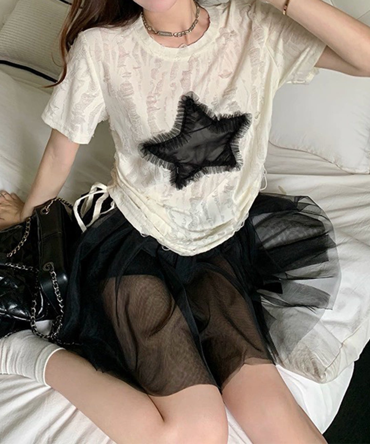 スター モチーフ ダメージ サイドシャーリング Tシャツ
