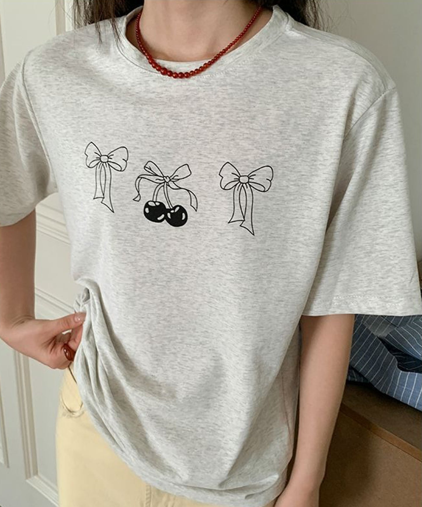 リボンプリント オーバーサイズ クルーネック 半袖 Tシャツ