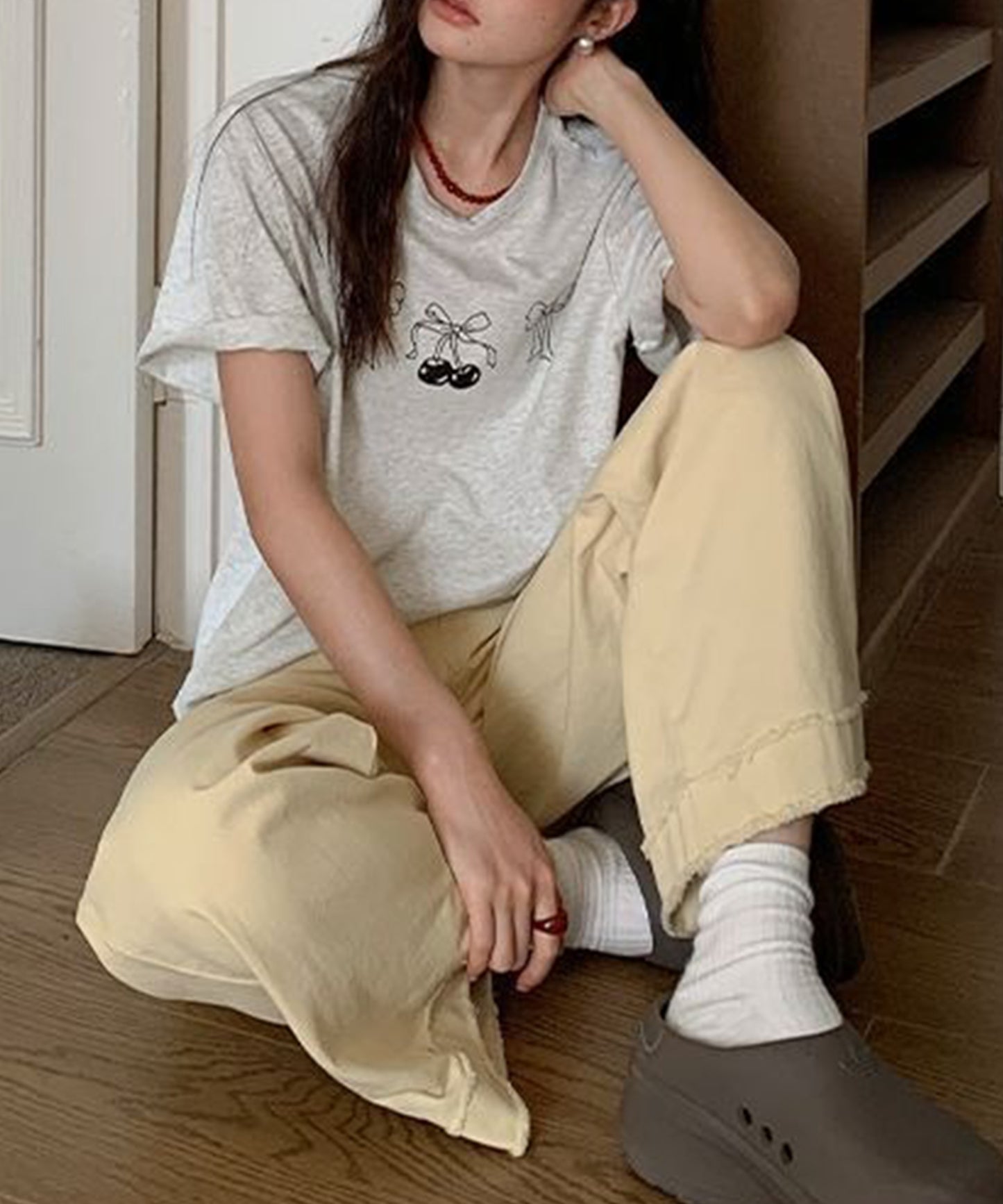 リボンプリント オーバーサイズ クルーネック 半袖 Tシャツ