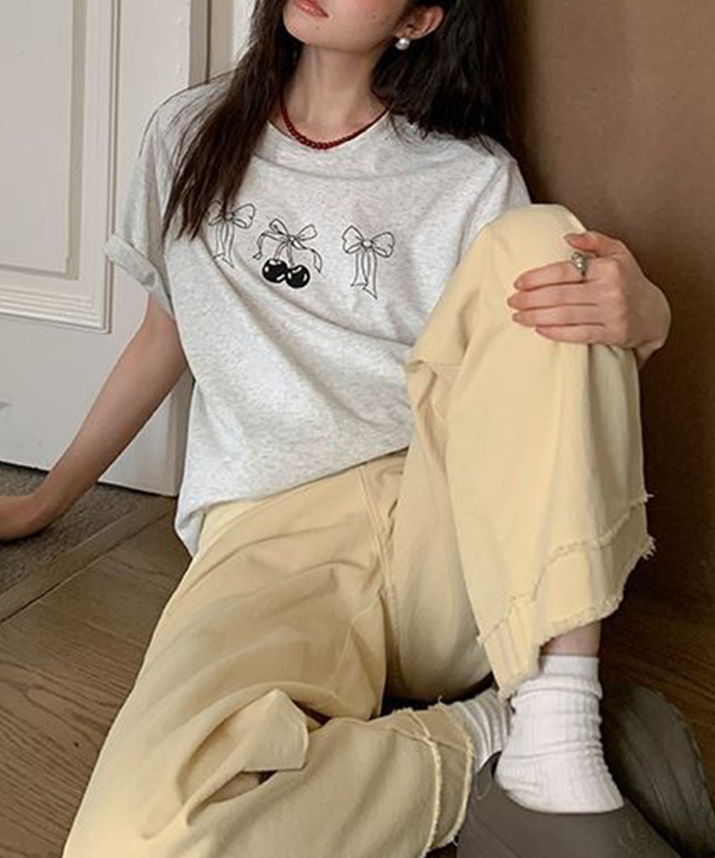 リボンプリント オーバーサイズ クルーネック 半袖 Tシャツ