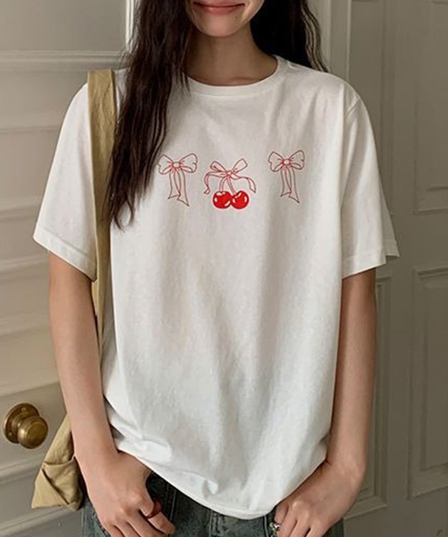 リボンプリント オーバーサイズ クルーネック 半袖 Tシャツ