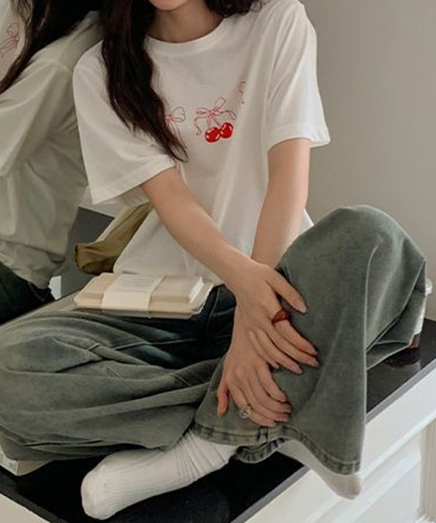 リボンプリント オーバーサイズ クルーネック 半袖 Tシャツ