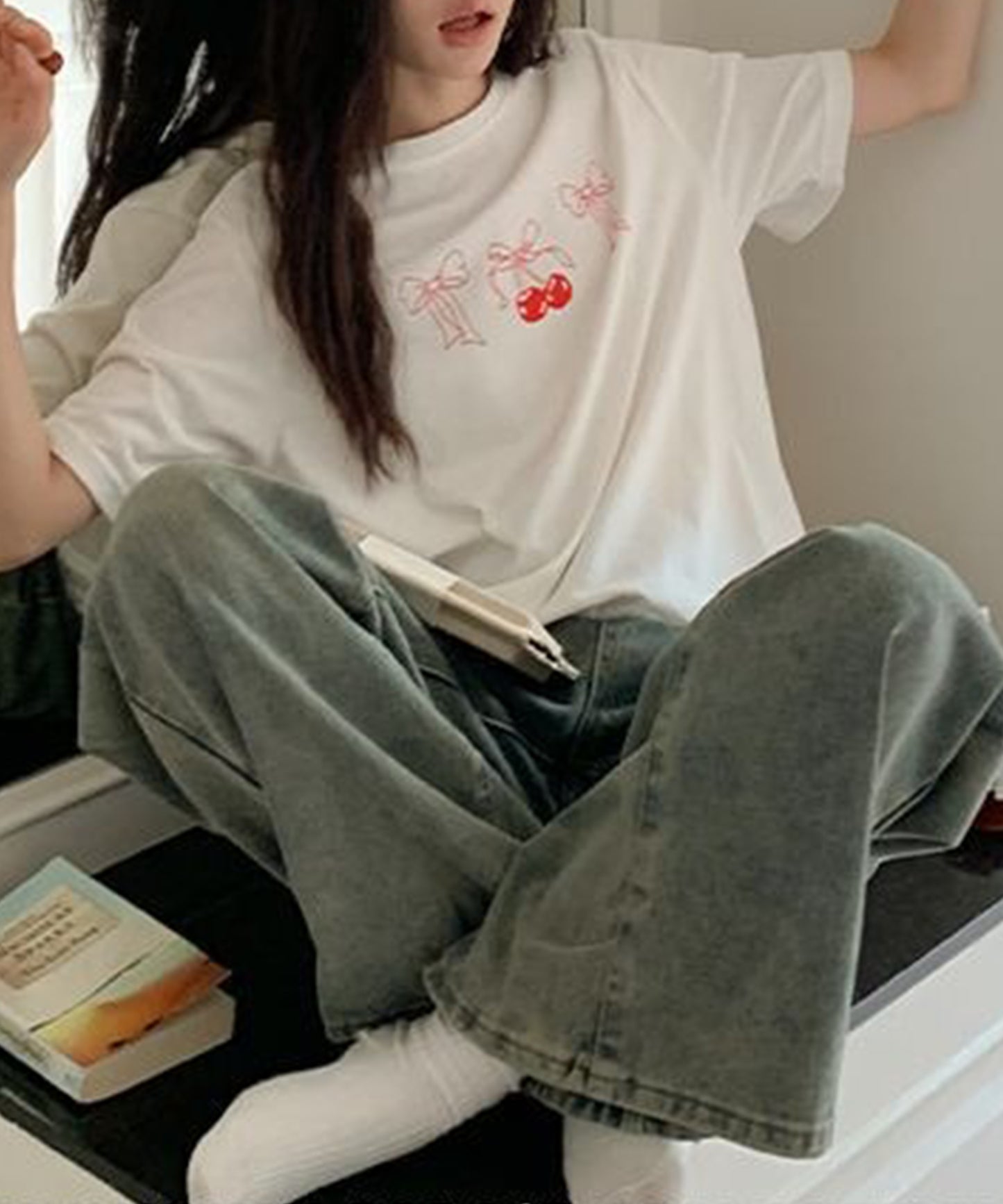 リボンプリント オーバーサイズ クルーネック 半袖 Tシャツ