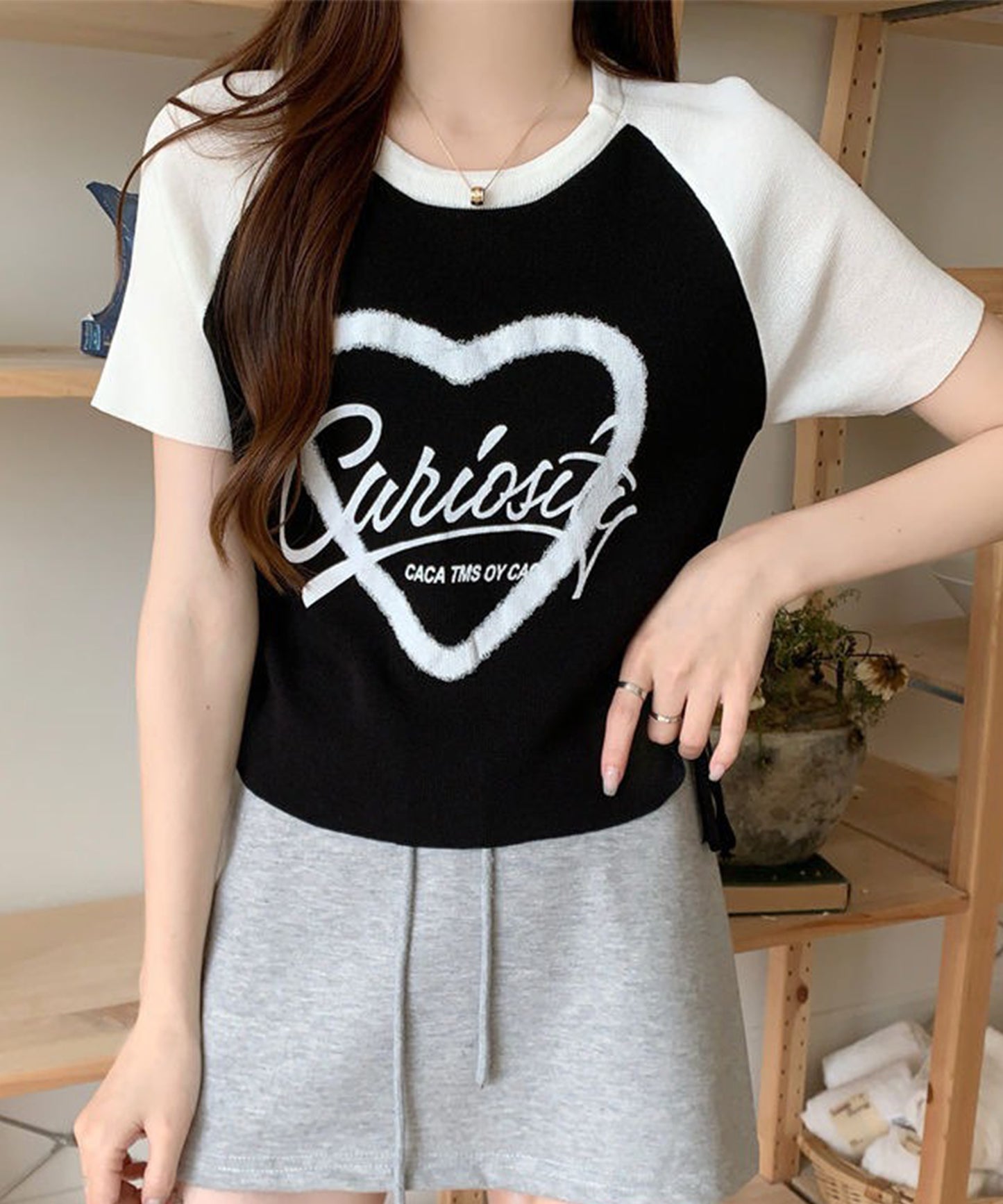 配色 ロゴプリント シャーリング ラグラン 半袖 Tシャツ