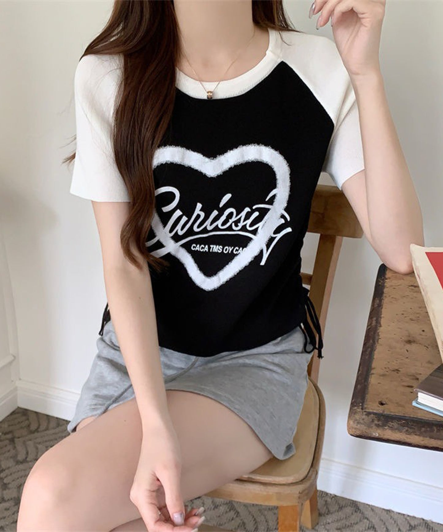 配色 ロゴプリント シャーリング ラグラン 半袖 Tシャツ