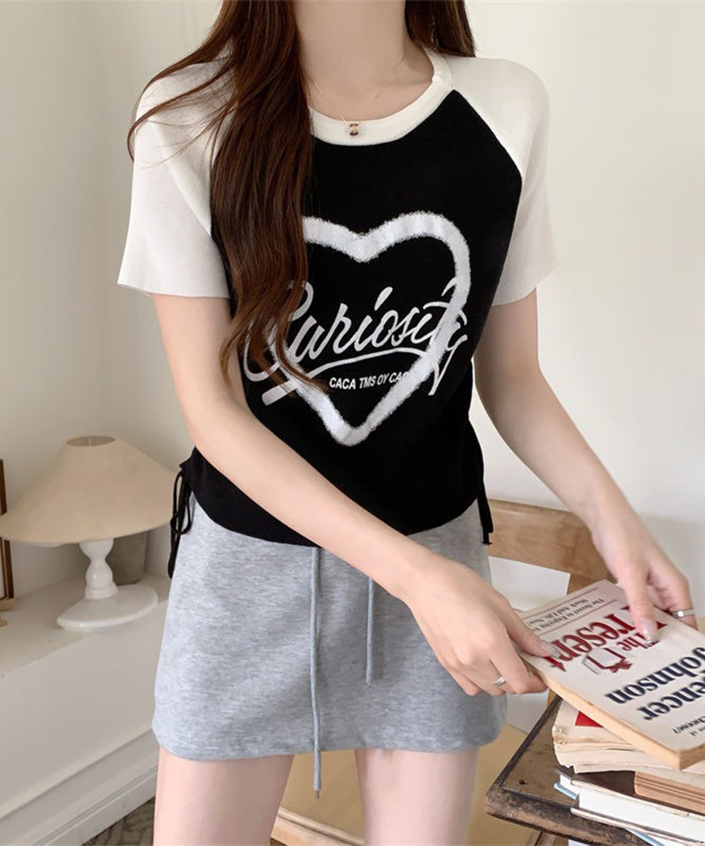 配色 ロゴプリント シャーリング ラグラン 半袖 Tシャツ