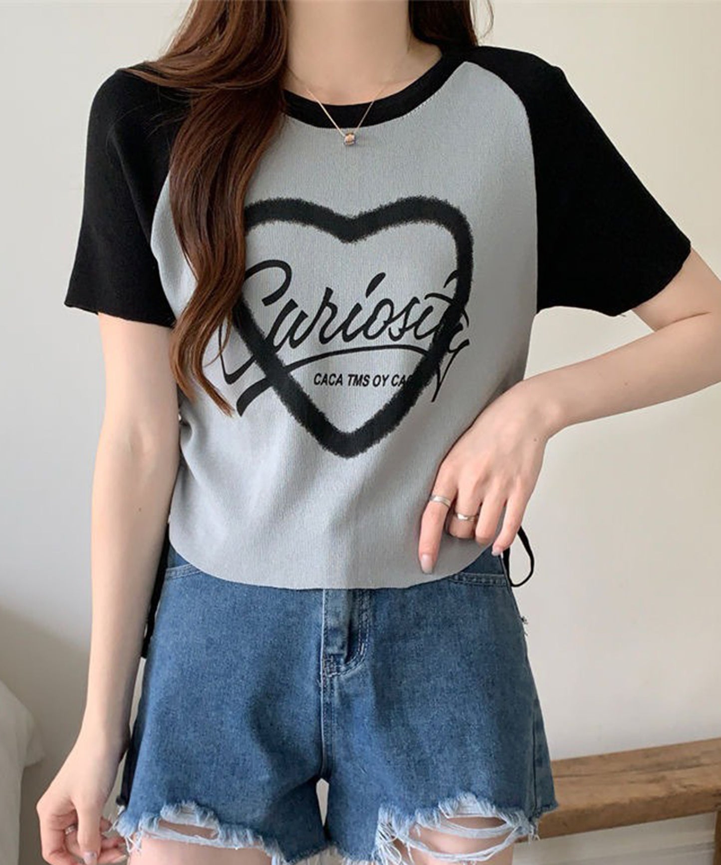 配色 ロゴプリント シャーリング ラグラン 半袖 Tシャツ