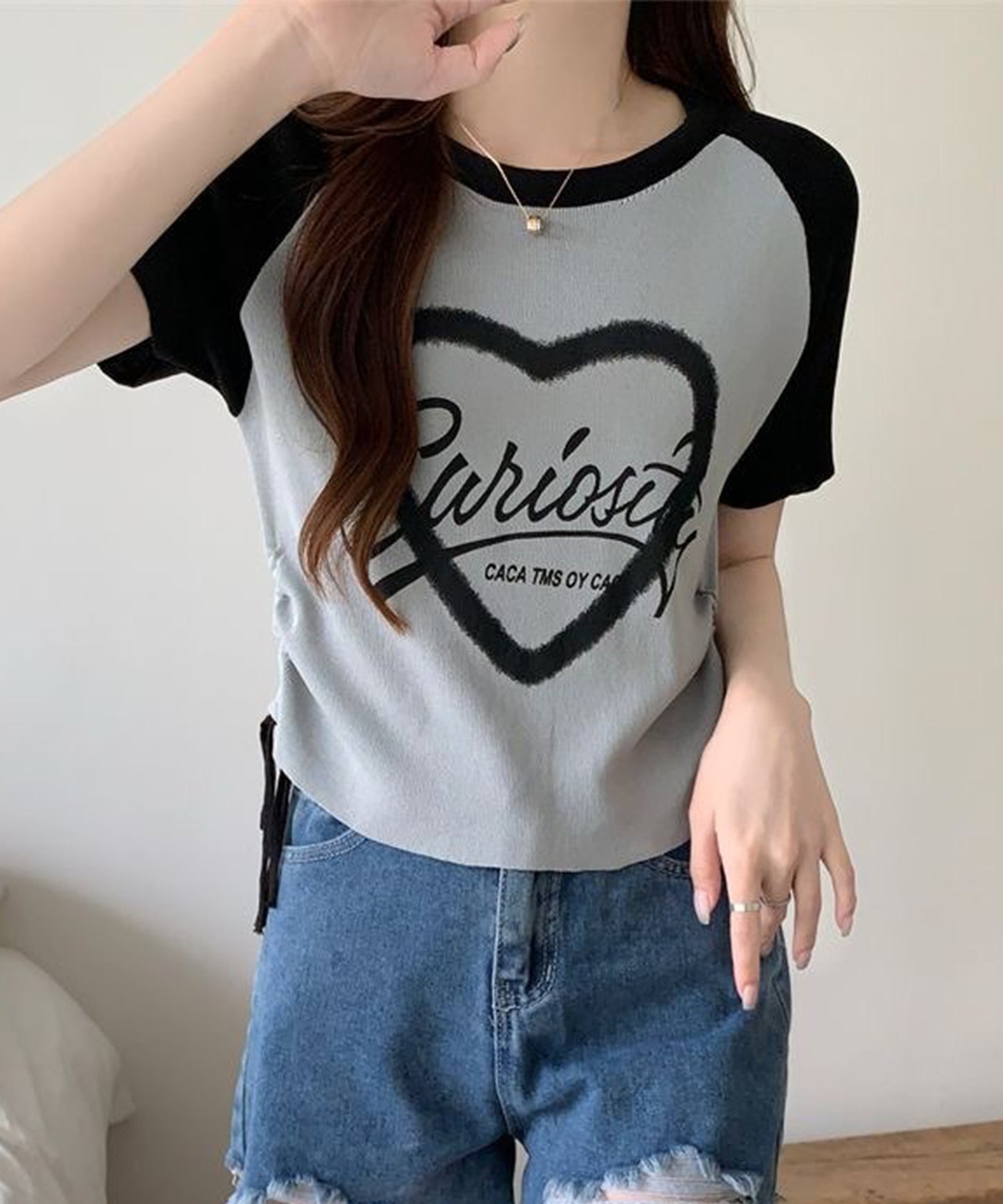 配色 ロゴプリント シャーリング ラグラン 半袖 Tシャツ
