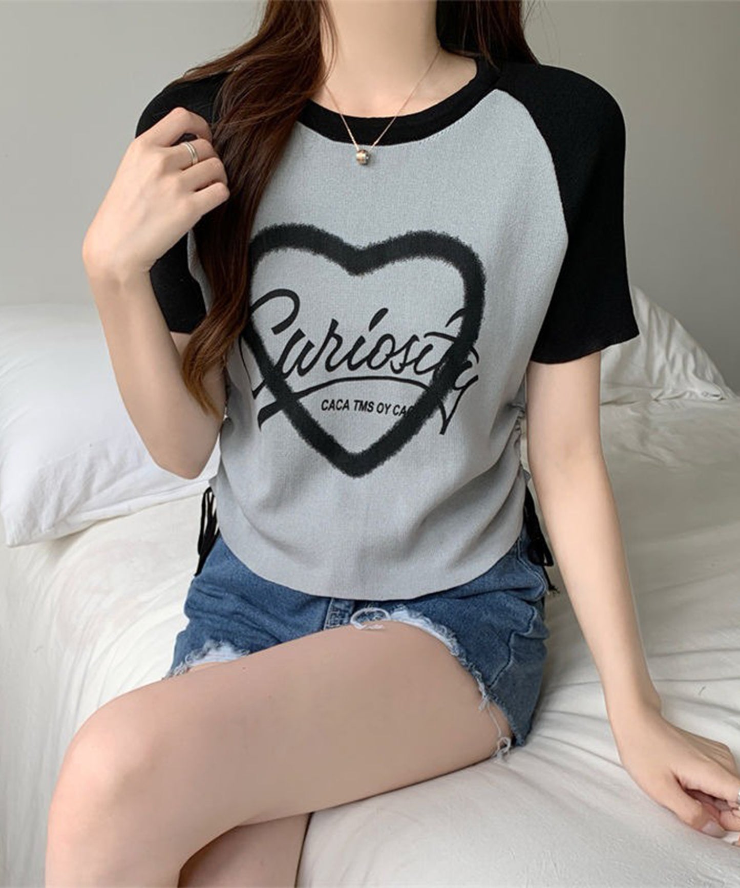 配色 ロゴプリント シャーリング ラグラン 半袖 Tシャツ