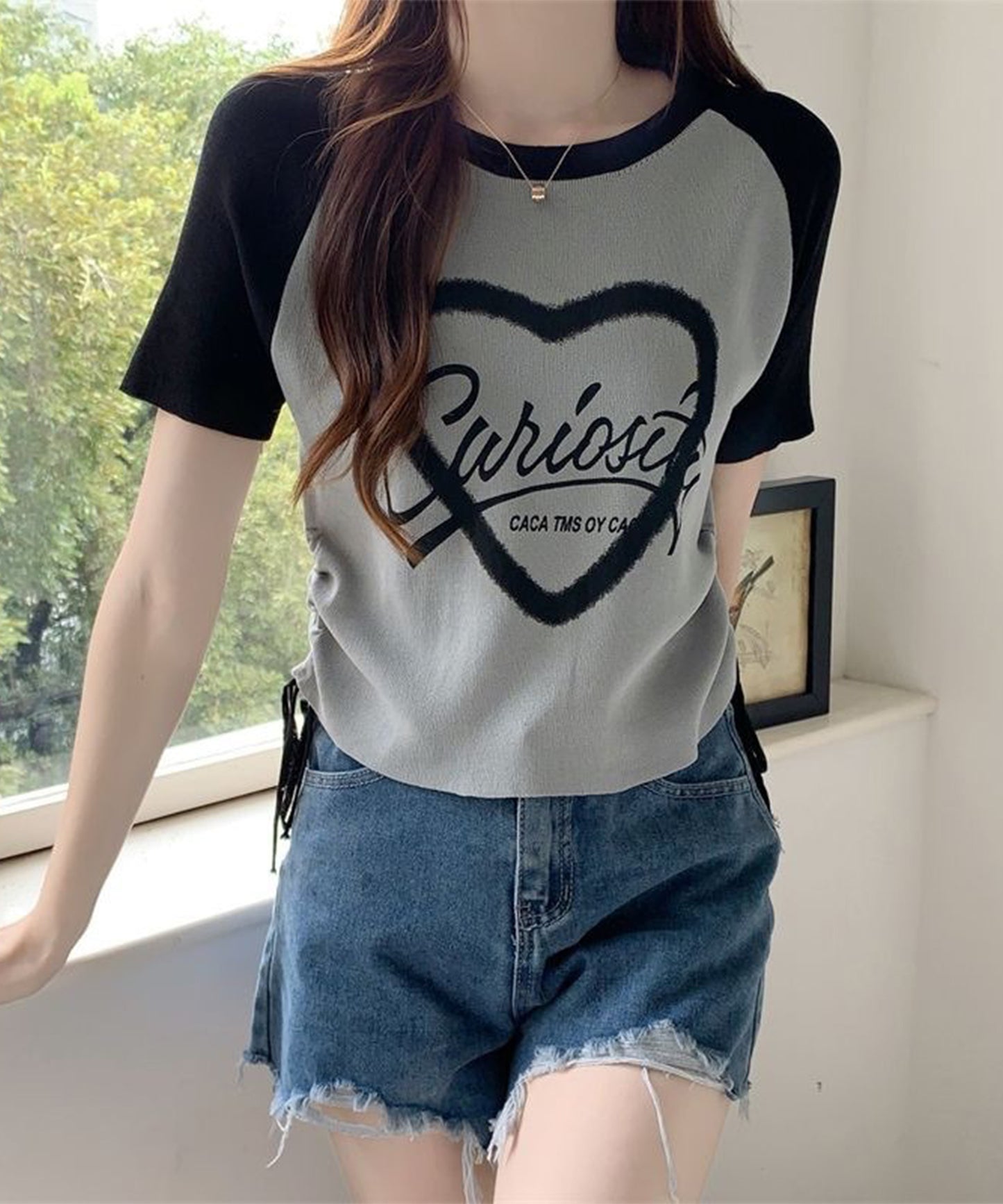 配色 ロゴプリント シャーリング ラグラン 半袖 Tシャツ