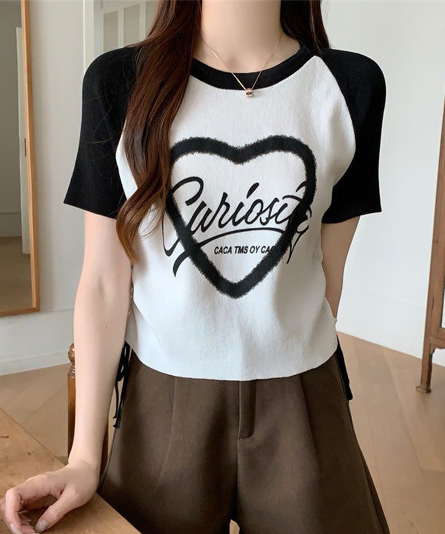 配色 ロゴプリント シャーリング ラグラン 半袖 Tシャツ