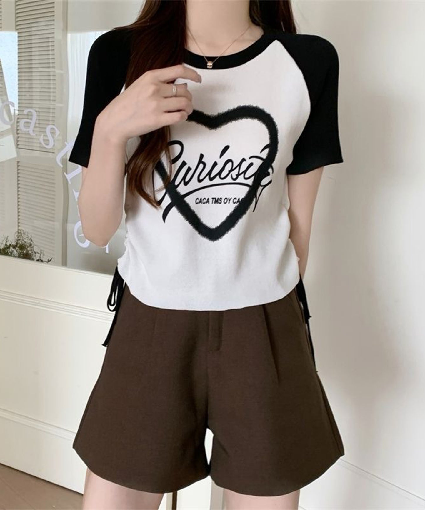 配色 ロゴプリント シャーリング ラグラン 半袖 Tシャツ