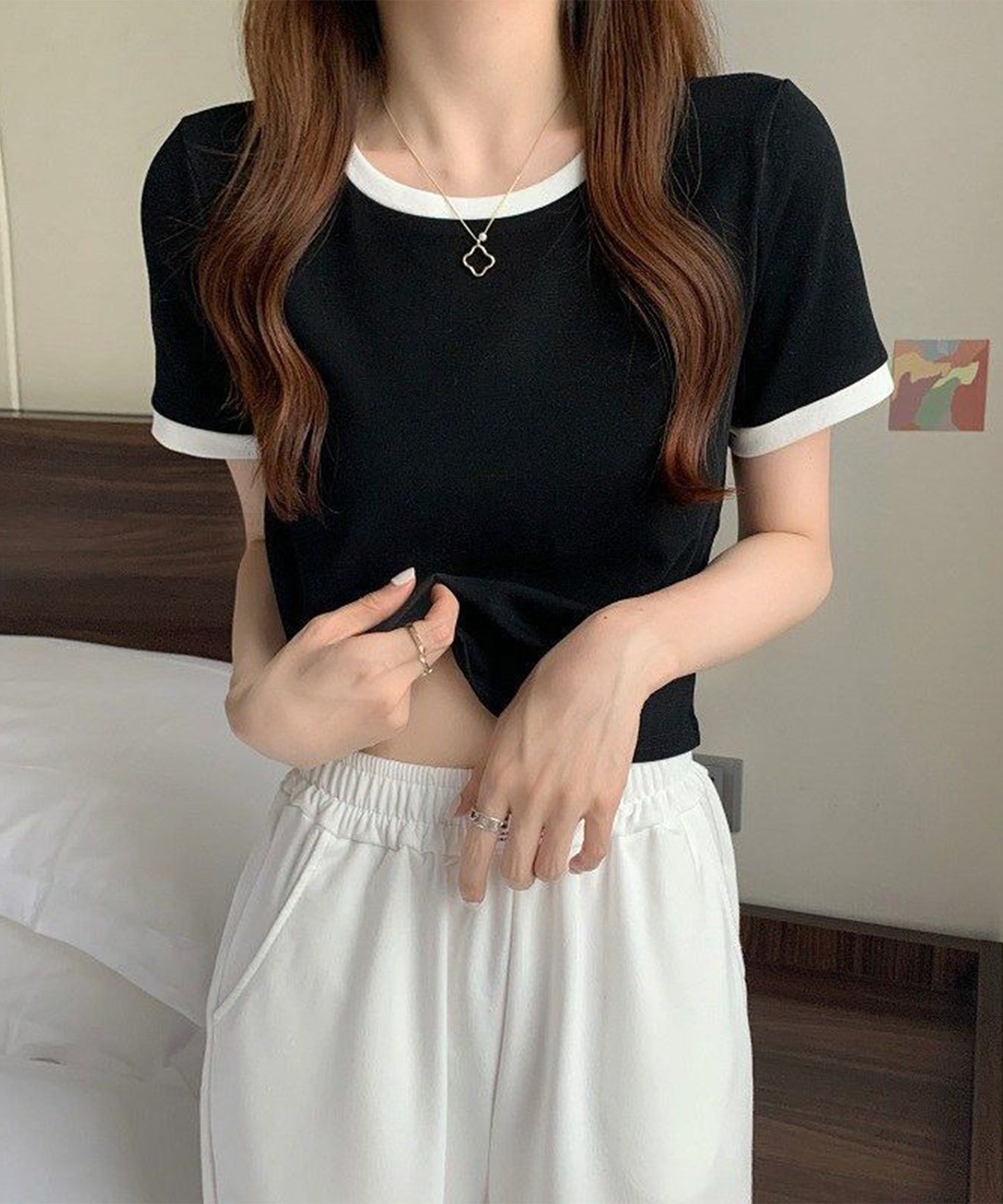 配色 クロップド丈 クルーネック 半袖 Tシャツ
