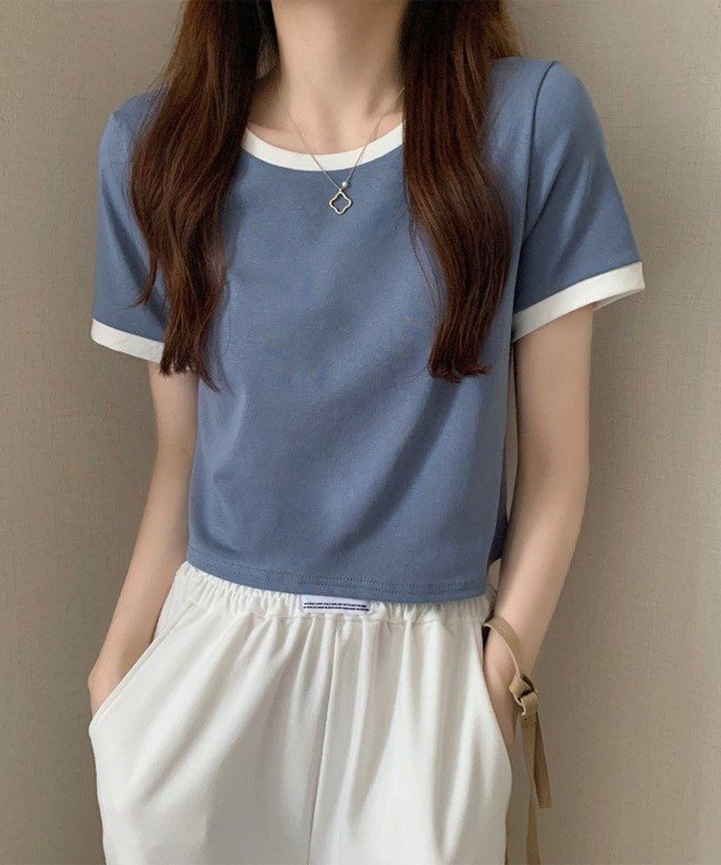 配色 クロップド丈 クルーネック 半袖 Tシャツ