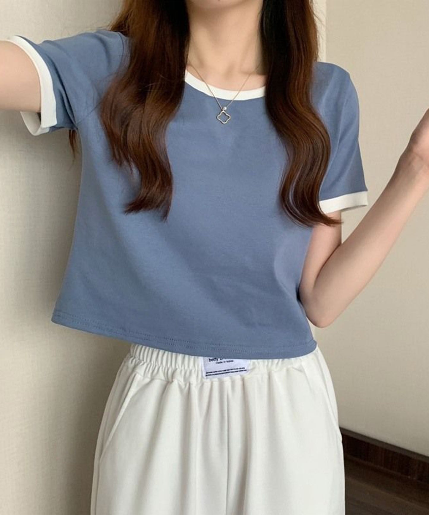 配色 クロップド丈 クルーネック 半袖 Tシャツ