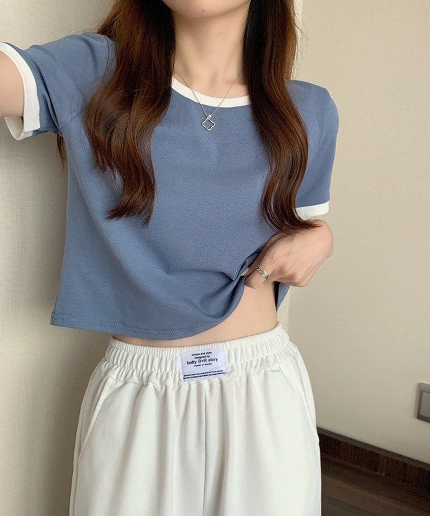 配色 クロップド丈 クルーネック 半袖 Tシャツ