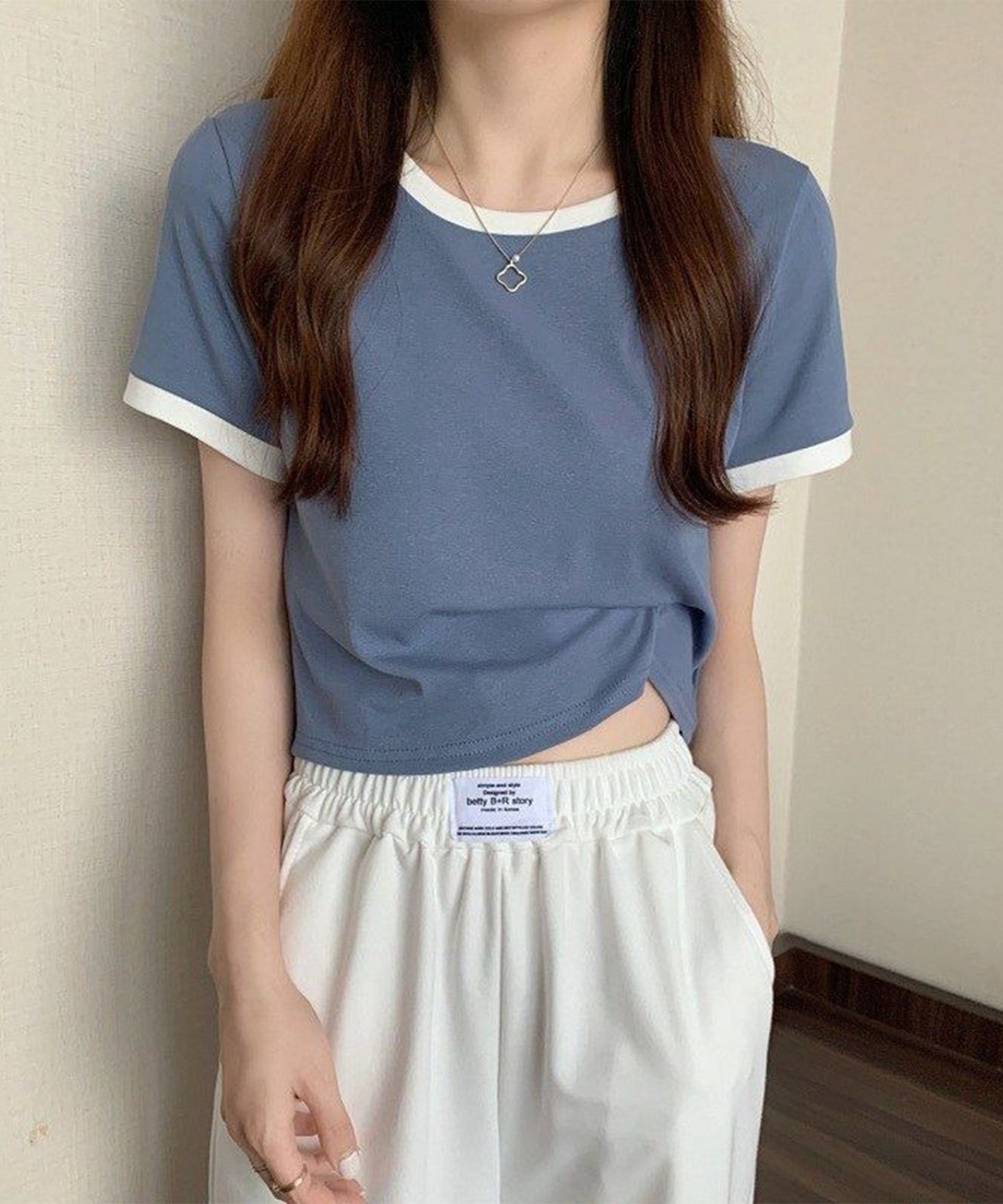 配色 クロップド丈 クルーネック 半袖 Tシャツ
