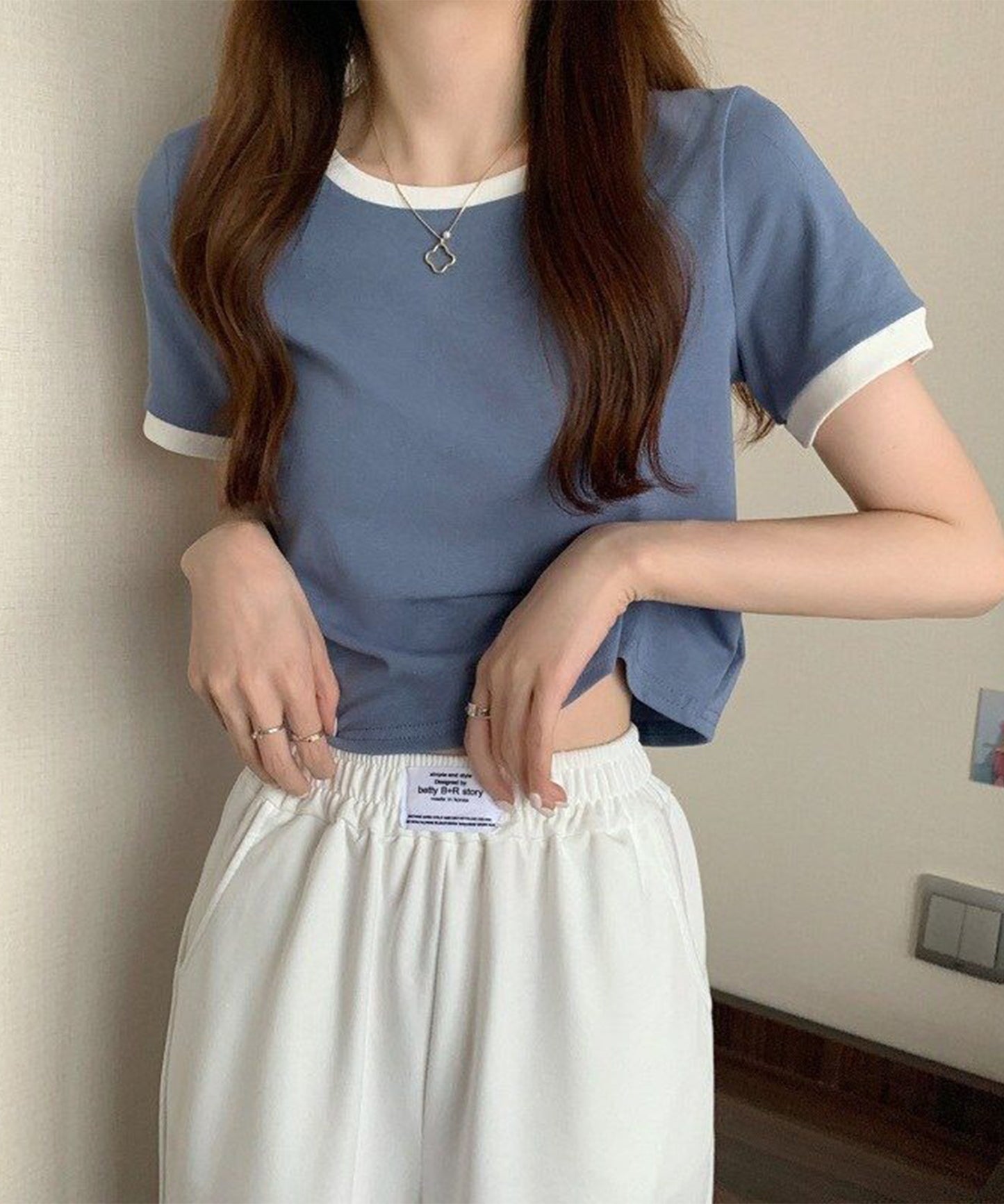 配色 クロップド丈 クルーネック 半袖 Tシャツ