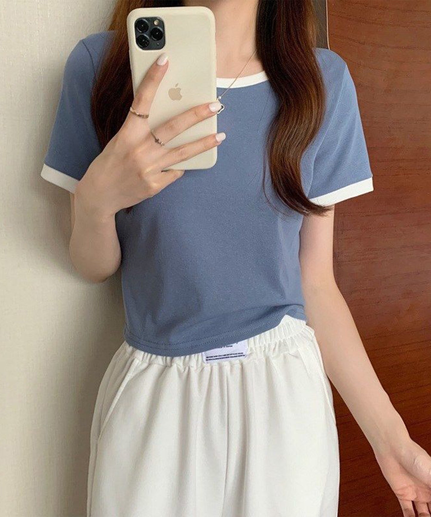 配色 クロップド丈 クルーネック 半袖 Tシャツ