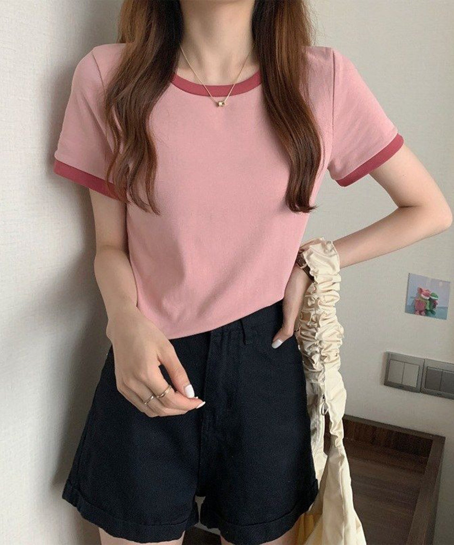 配色 クロップド丈 クルーネック 半袖 Tシャツ