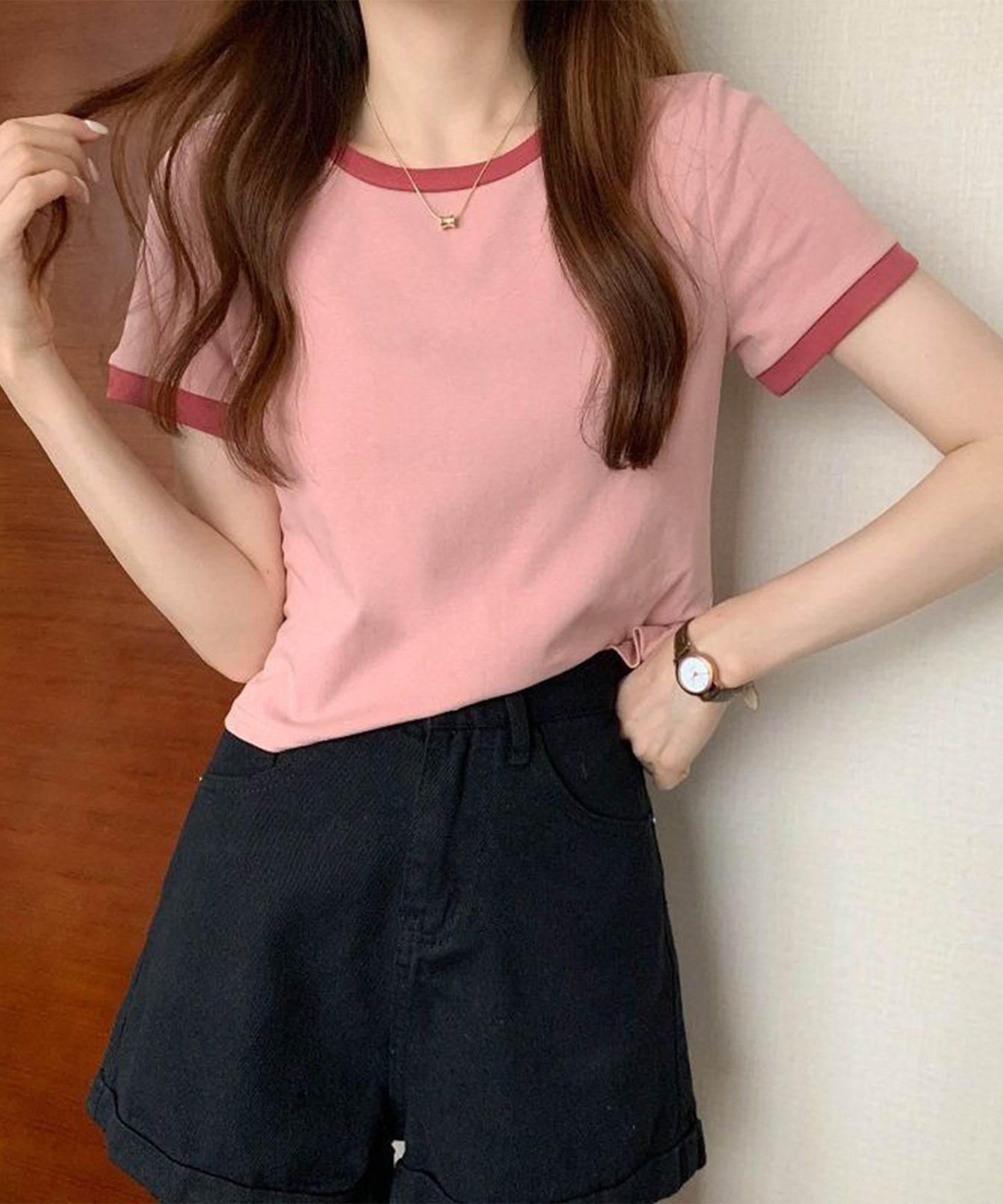 配色 クロップド丈 クルーネック 半袖 Tシャツ