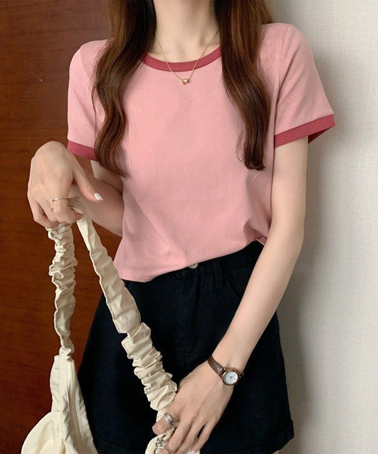 配色 クロップド丈 クルーネック 半袖 Tシャツ