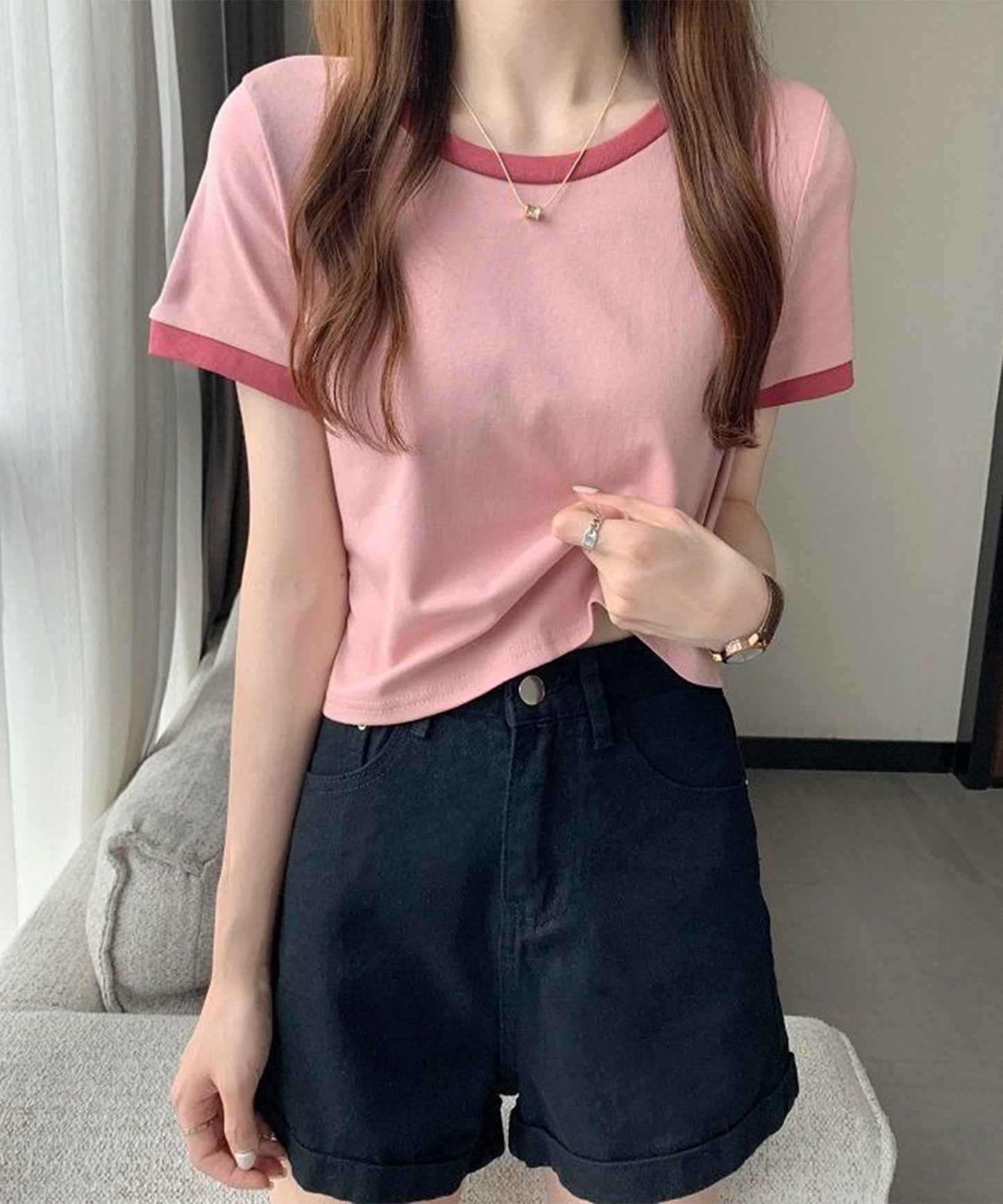 配色 クロップド丈 クルーネック 半袖 Tシャツ