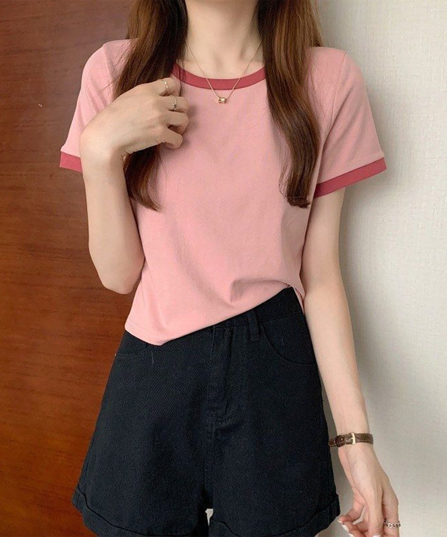 配色 クロップド丈 クルーネック 半袖 Tシャツ