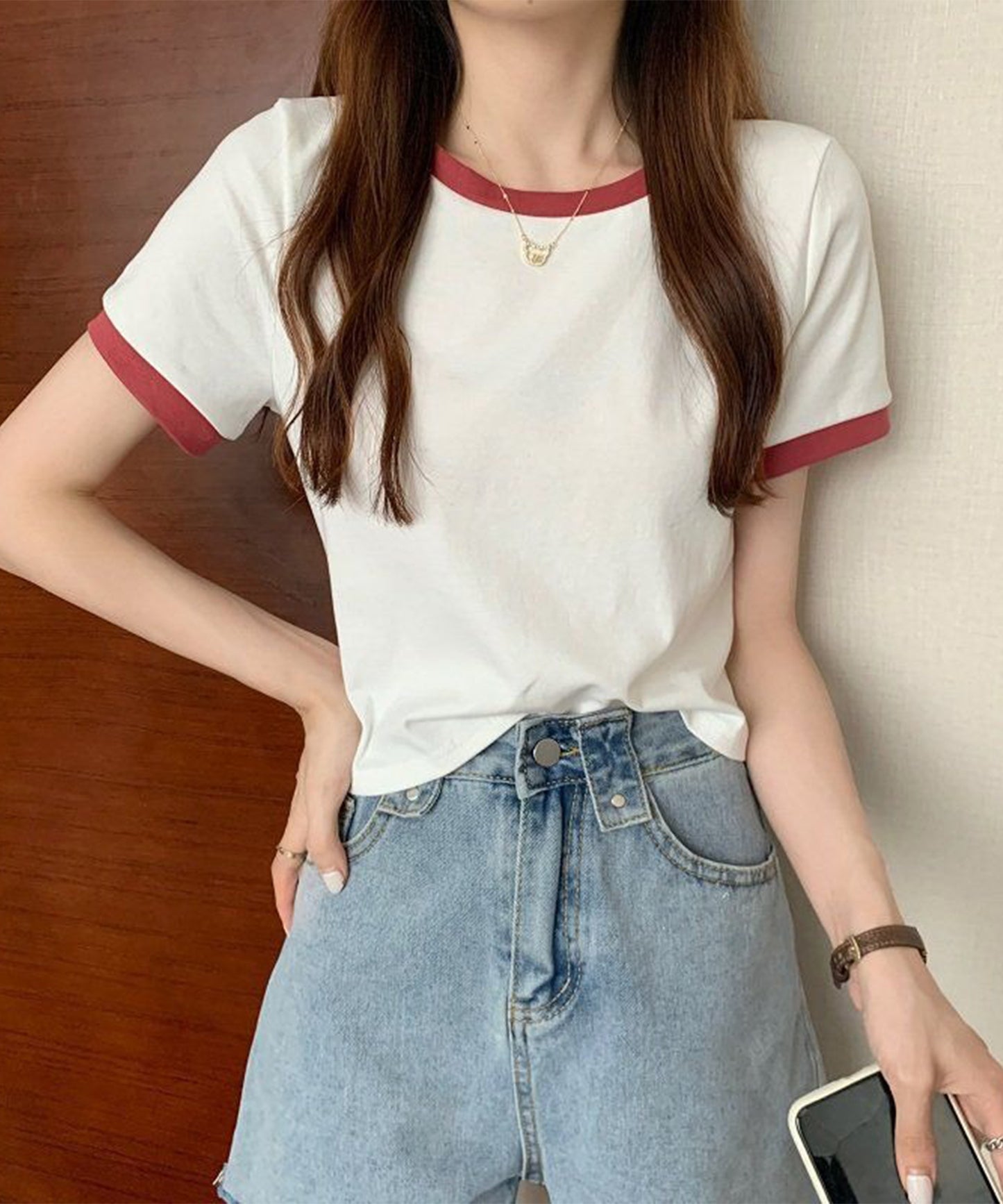 配色 クロップド丈 クルーネック 半袖 Tシャツ